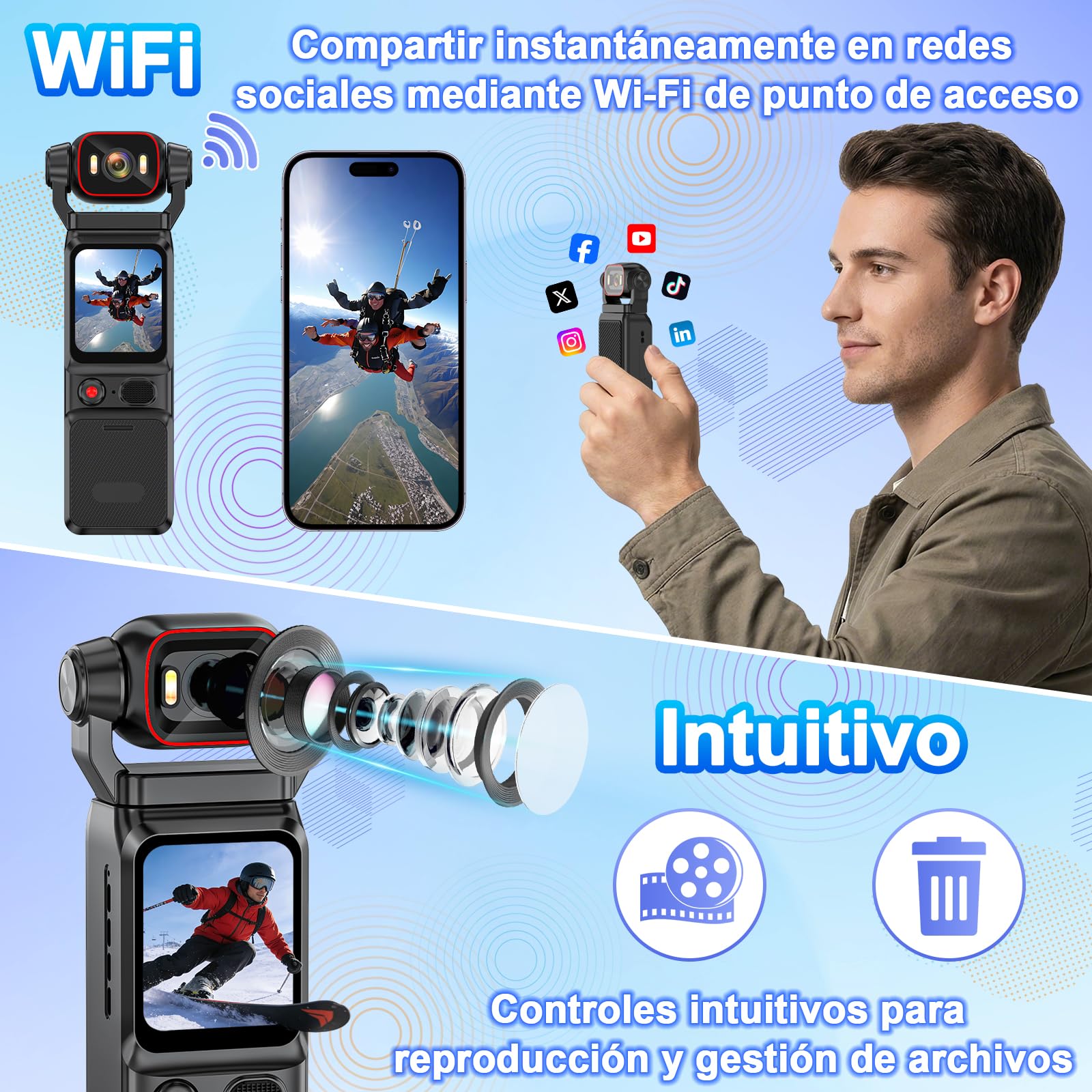 Pudet Luo Camara Deportiva 4K, Estabilización de 6 Ejes Videocamara 360, Pantalla de Vista Previa WiFi en Vivo Camara Video Estabilizador para Ciclismo, Vlogging, Viajes y Deportes al Aire Libre — view 5