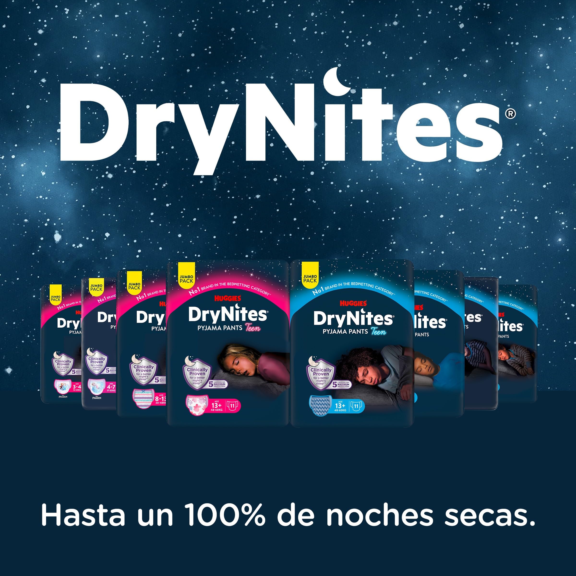 Huggies DryNites Calzoncillos absorbentes para niño 4-7 (17-30 kg), Clínicamente probado con 5 capas de protección nocturna, 16 pañales de noche