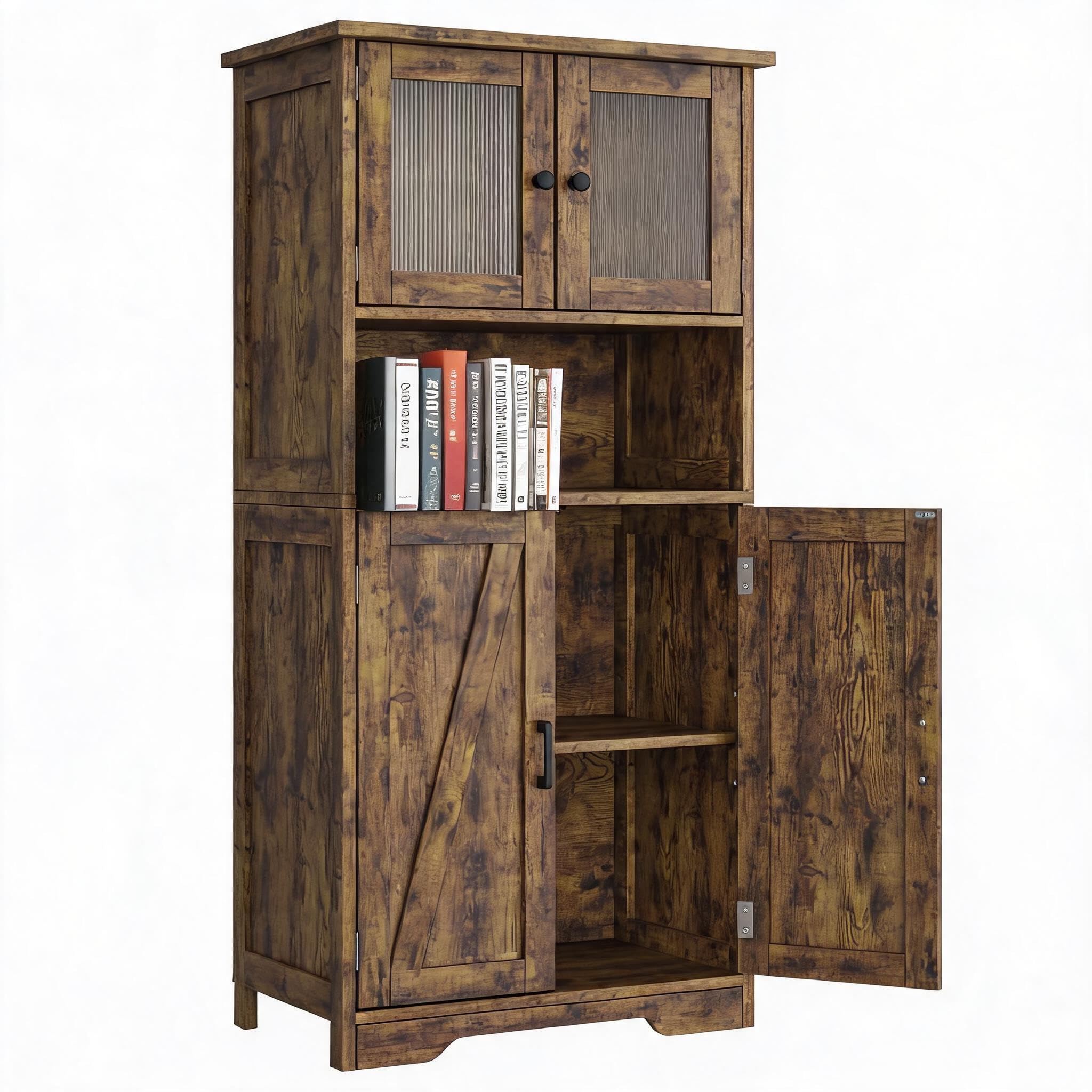 Aptliton 4 Door Storage Cabinet 60x30x128cm, Tall Freestanding Floor Cabinet with 1 Compartment, Large MDF PB Storage Unit Cupboard for Living Room Entryway Hallway, Retro Color