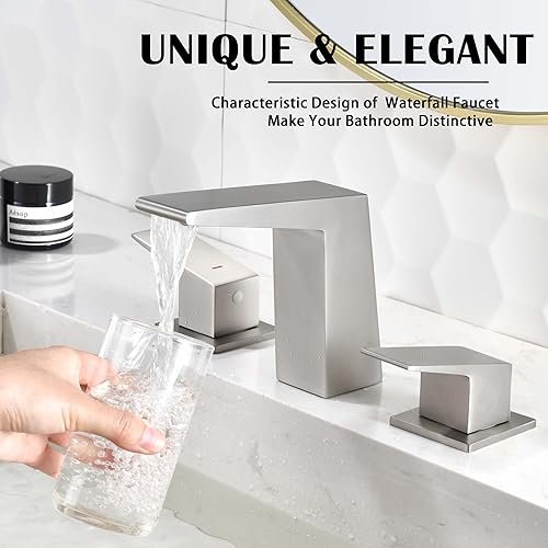 Miniatura 3 de Grifo de baño en cascada, acero inoxidable de 3 agujeros, montaje generalizado, níquel cepillado, 2 asas, drenaje desplegable y líneas de suministro