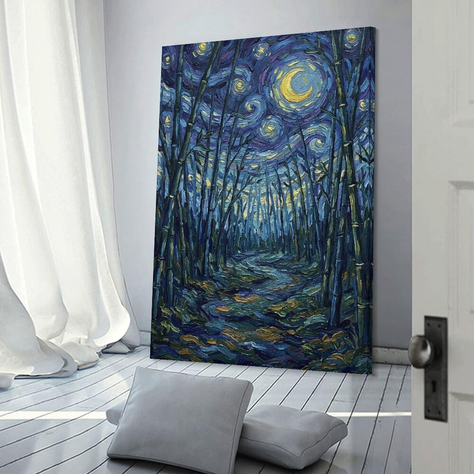 Junmoney Bamboo Forest Under Starry Night Painting Wall Decor Canvas Print, 08x12inch(20x30cm), for Bedroom, Lounge Or Dressing Area, Decorative Wall Art for Cosy Rooms