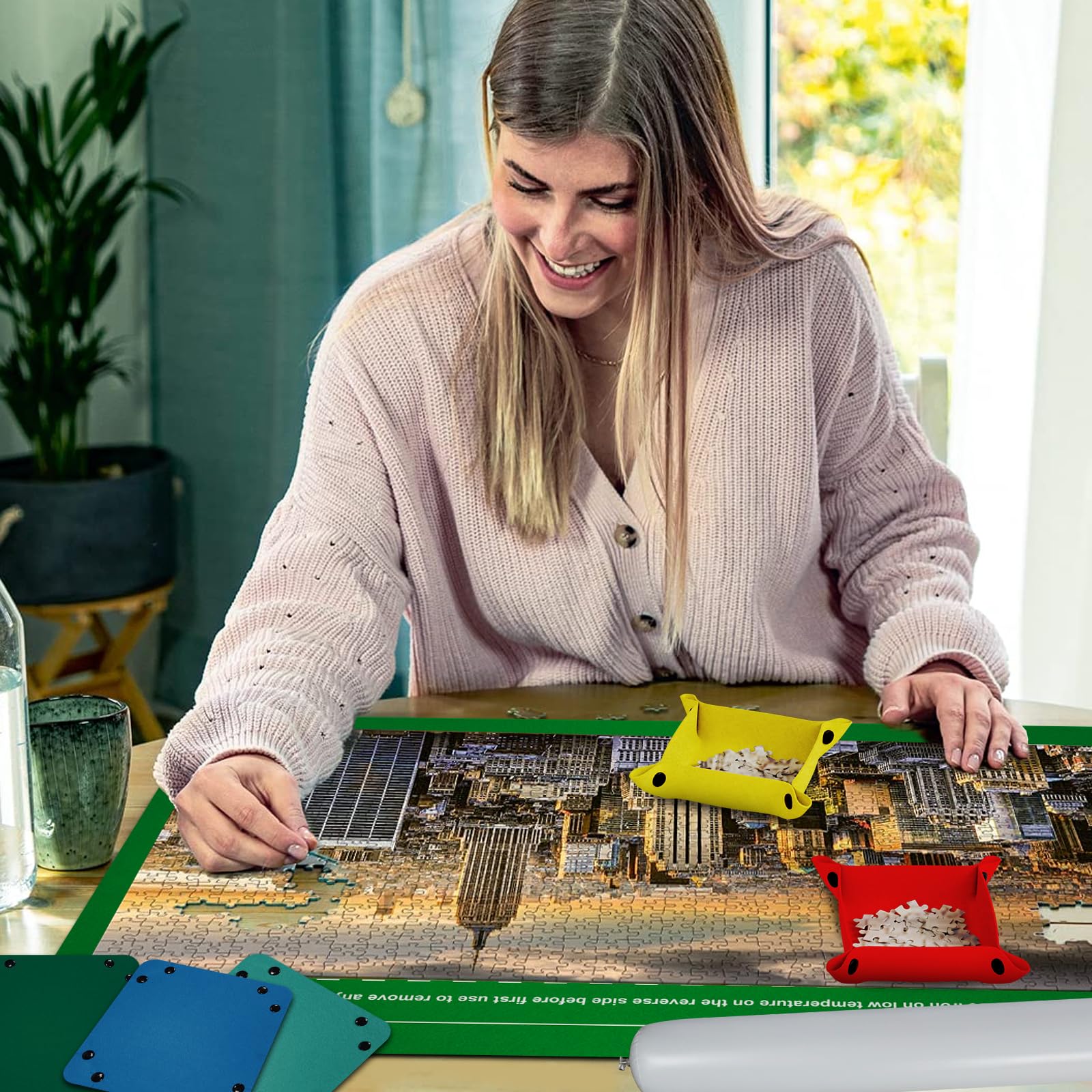 MOZOOON Mata do puzzli 1500 elementów, filcowa mata do puzzli, przenośna mata do zwijania puzzli składana z 6 sortownikami do puzzli, akcesoria dla dzieci i dorosłych