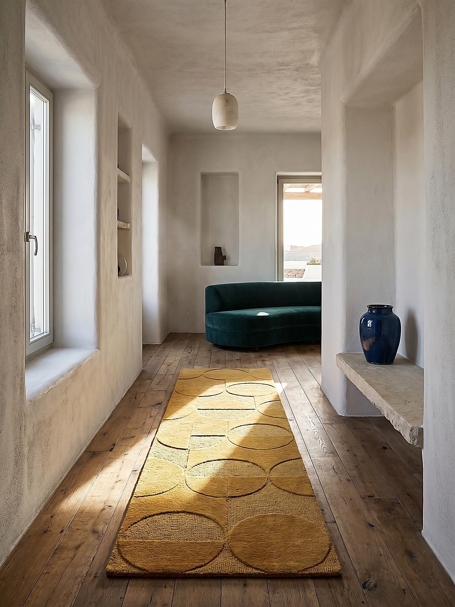 Tapis de Passage Motif Géométrique Dense et Robuste Jaune Moutarde 60 x 230 cm Salle à Manger | DEBEN