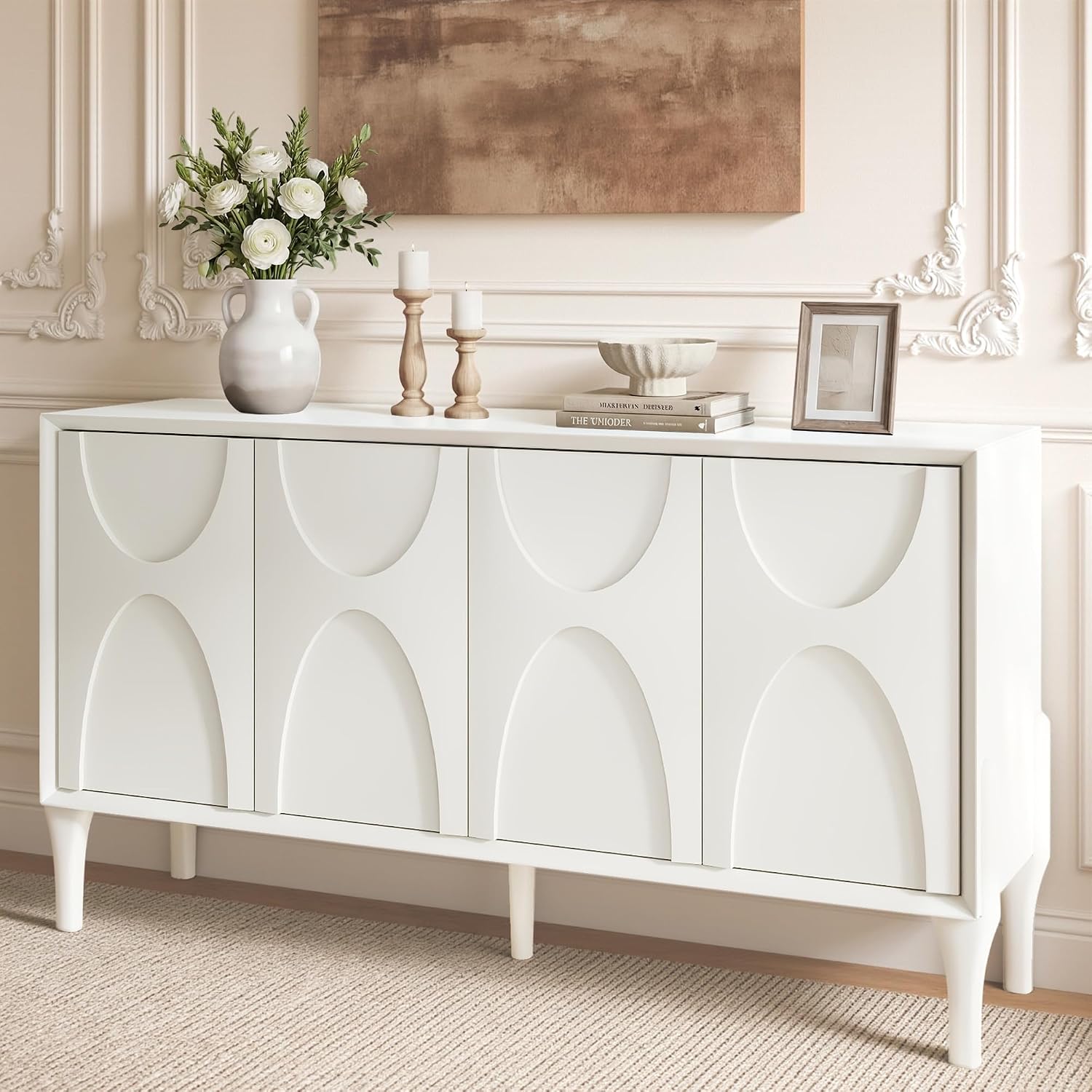 59" Sideboard Buffet Cabinet with Storage, Mid-Century Modern Storage Cabinet Accent Buffet Sideboard with Adjustable Shelves & Solid Wood Legs Large Credenza for Living Room (White)