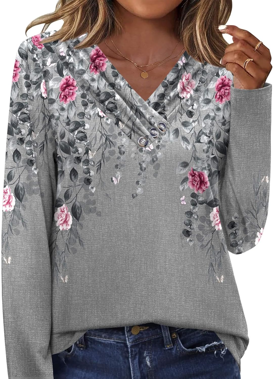 HOTOUCH Womens Fall Tunics Long Sleeve Tops Cross V Neck Shirts Loose Casual Blouses with Decor Button