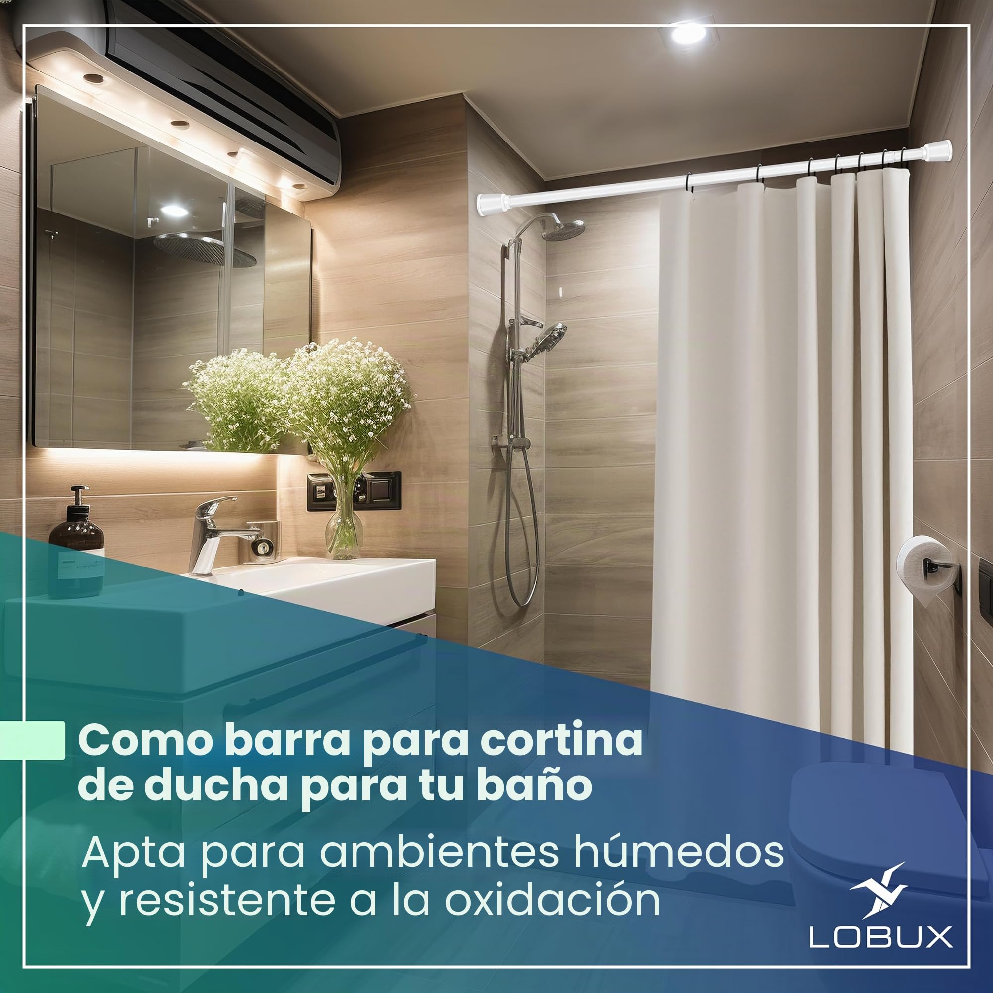 LOBUX - Barra de cortina sin taladrar [blanco, 260-350 cm] – Barra telescópica extensible – Barra de ducha sin taladrar – Barra de cortina de ducha, barra de cortina, barra de cortina, barra para