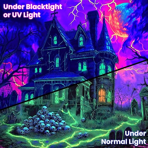 Miniatura 4 de BVBOX Tapiz de Halloween con luz negra, reactivo a los rayos UV, que brilla en la oscuridad, para sala de estar, dormitorio (castillo verde, 90 x 70