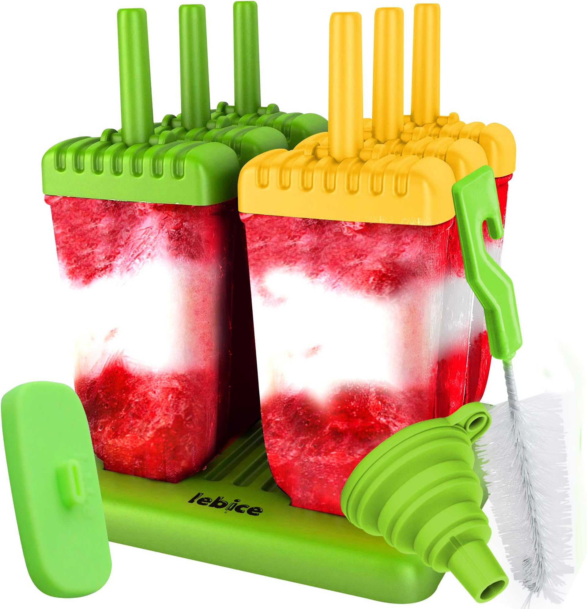 Popsicle Molds with Sticks Ice Pop Maker | 6 Pieces BPA Free w/Silicone Funnel and Cleaning Brush and 1 Extra Silicone Lid and Recipes E-book by Lebice