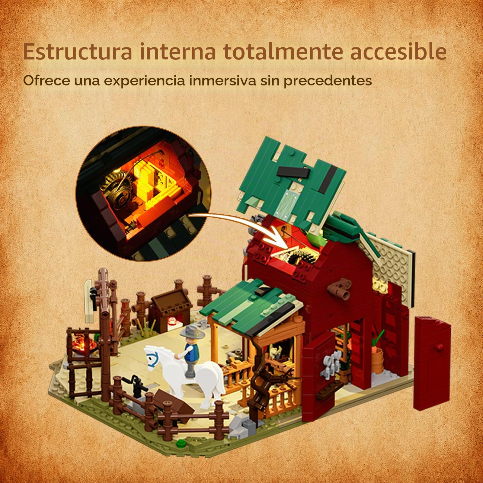 LUMIBRICKS Wild West Ranch Duel - Juego de bloques de sujeción con iluminación LED, 1023 piezas, juego de maquetas de rancho occidental para adultos