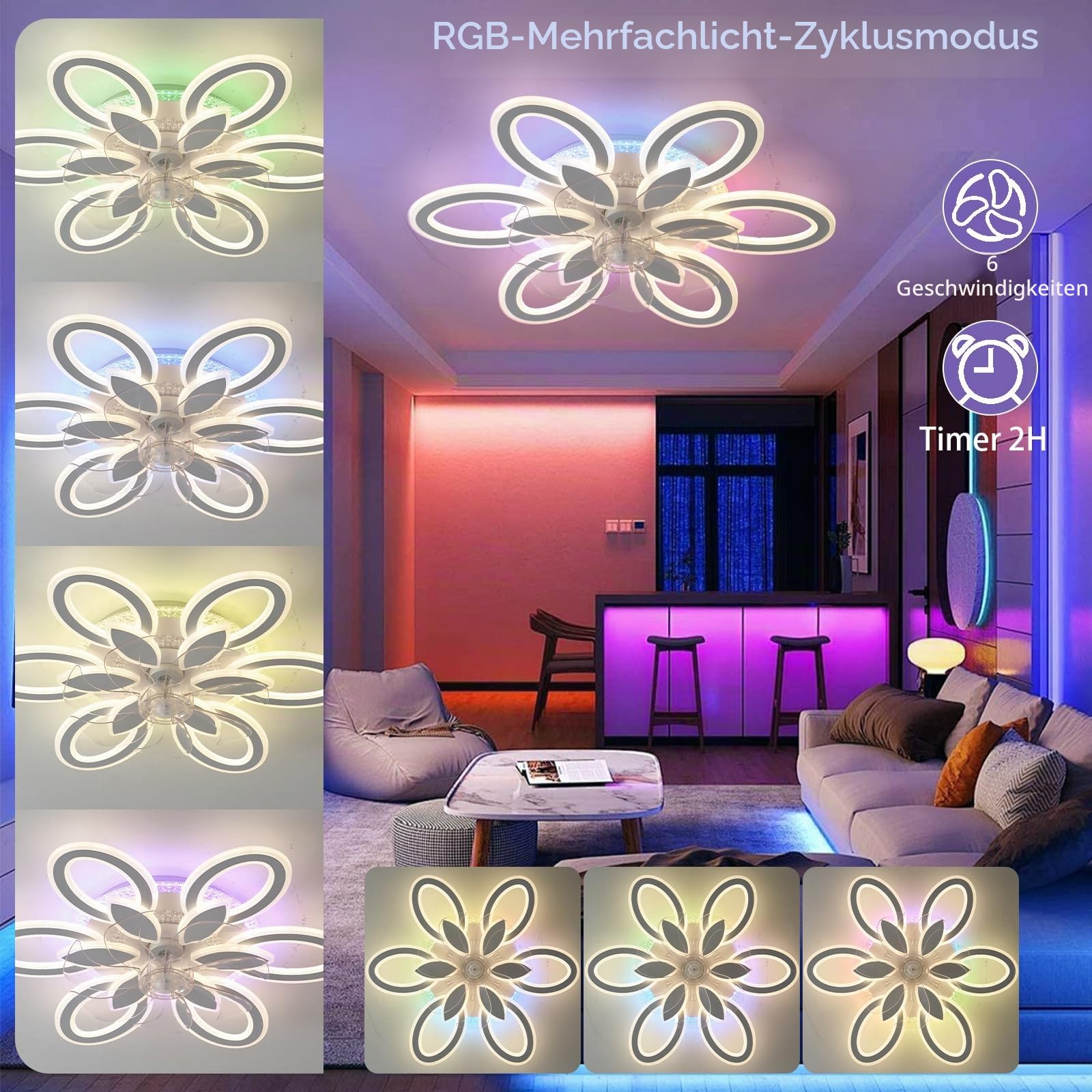 RGB Deckenventilator Mit Beleuchtung 65cm Blume Reversibel Deckenleuchte Mit Ventilator Fernbedienung Leise Dimmbar Smart Deckenventilator Mit Licht 6 Gang Weiß Für Wohnzimmer, Schlafzimmer-White