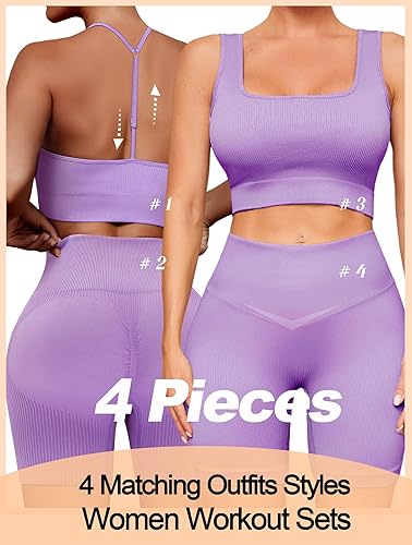 Miniatura 2 de Conjuntos de entrenamiento para mujer, 4 piezas, sin costuras, espalda descubierta, brasier deportivo, cintura alta, corto, yoga, gimnasio, conjunto
