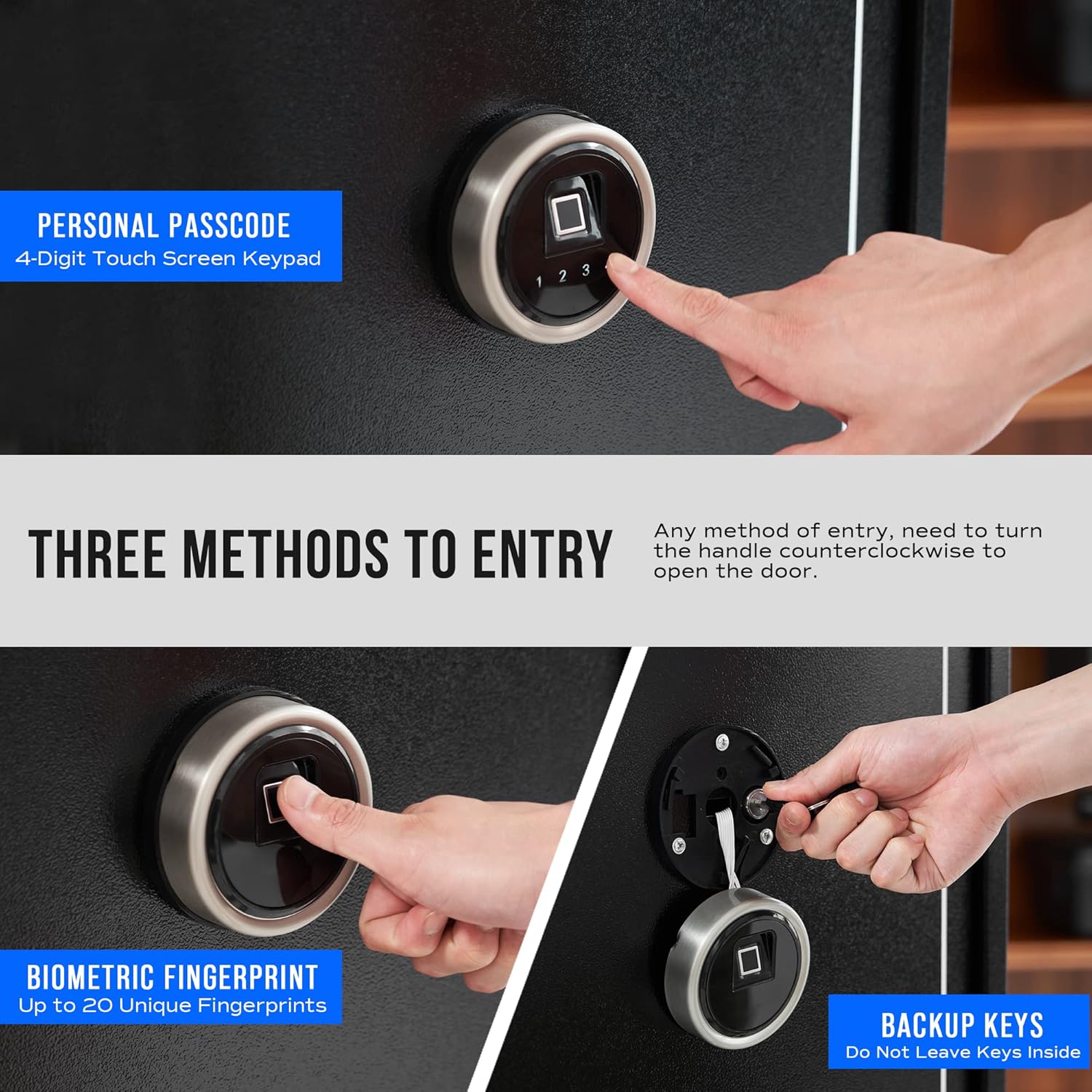 Three methods to open RPNB safe: passcode, fingerprint, and backup key