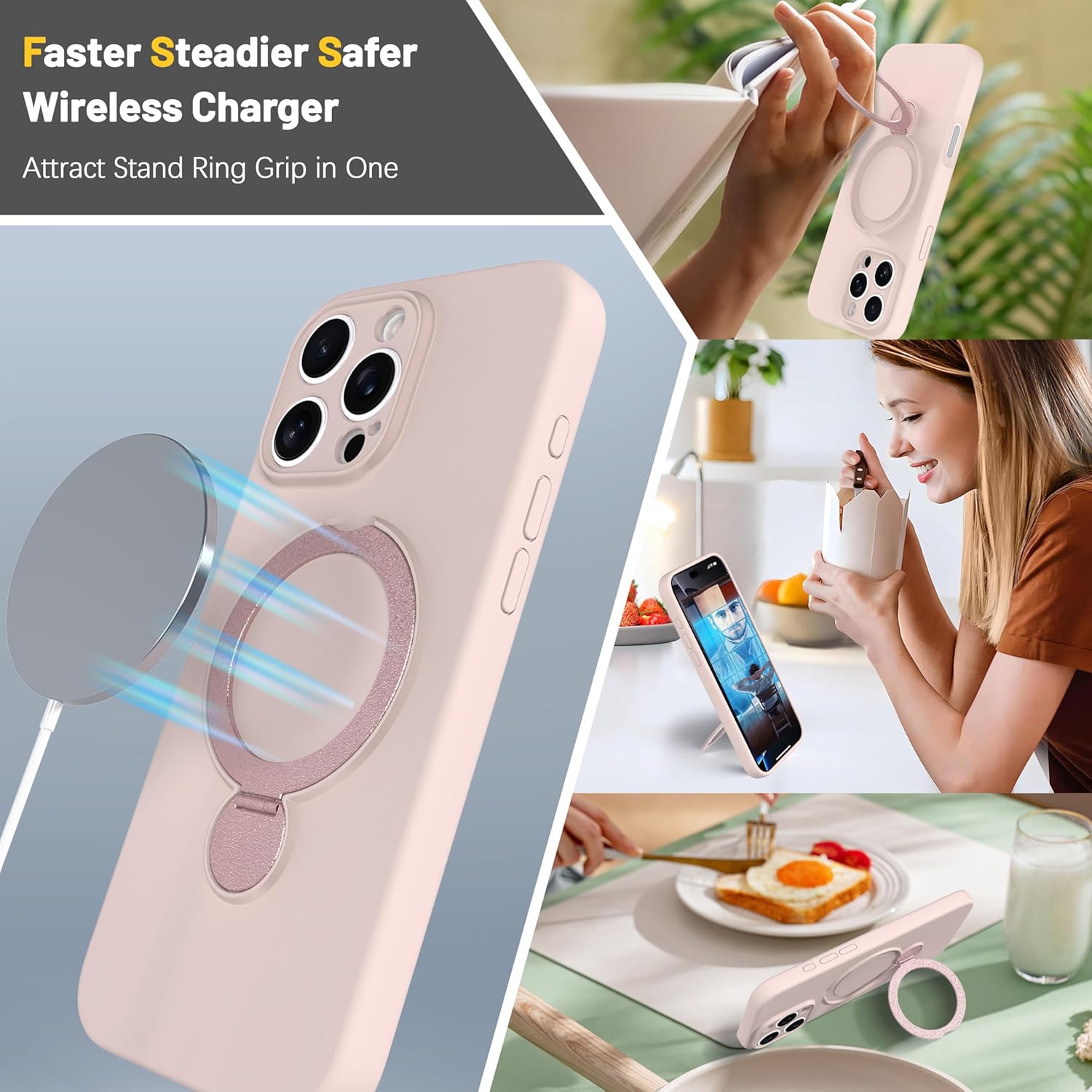 Upgraded 360° Spin for iPhone 13 Silicone case with Invisible Stand, Soft Anti-Scratch Microfiber Lining Inside Phone Cover with Kickstand Rotatable for Women and Men, Light Pink