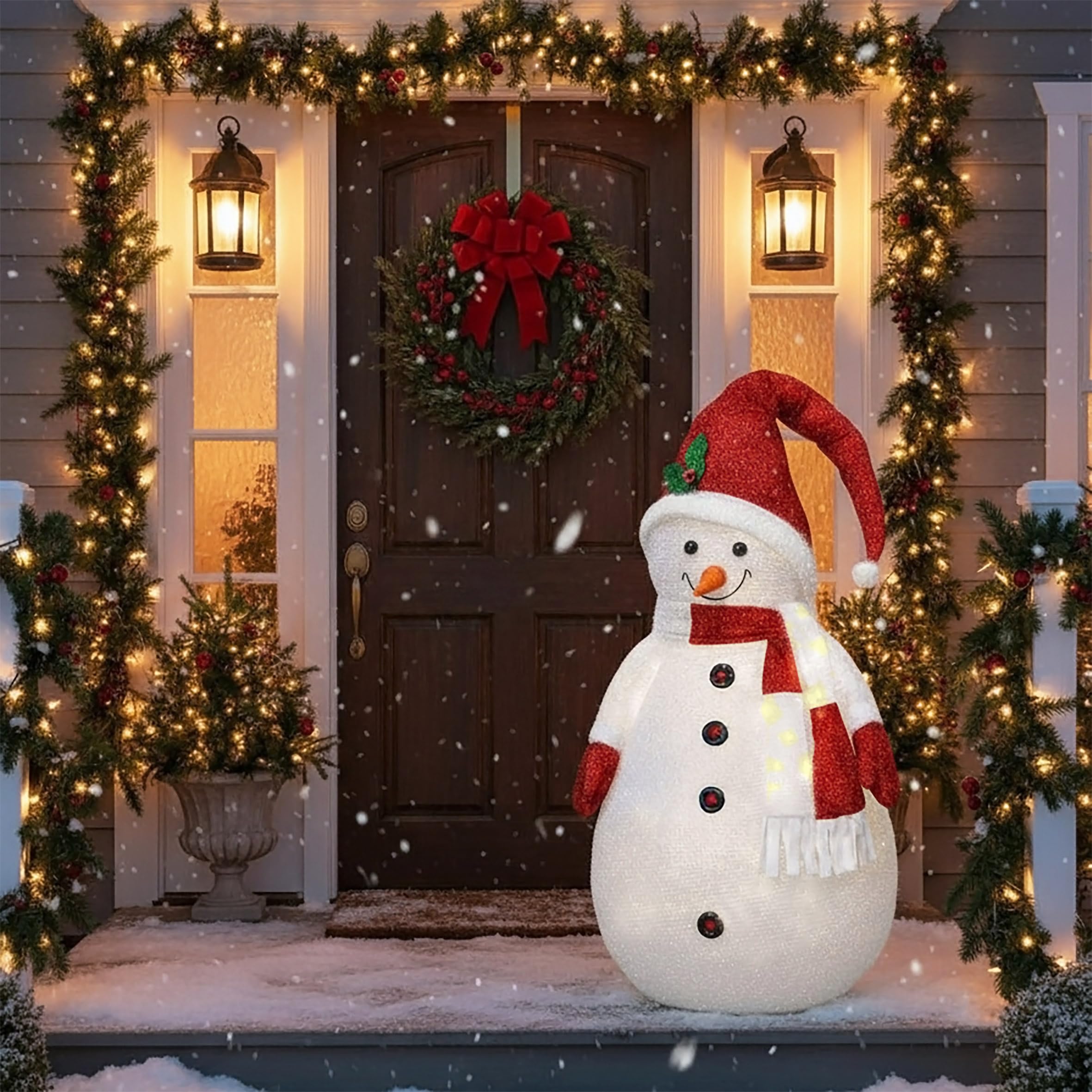 XXL LED Stoff Schneemann für Außen mit Timer - 140 cm - Beleuchtete Gartenfigur mit 20 LED - Deko Garten Figur wasserfest mit Timer Batterie betrieben