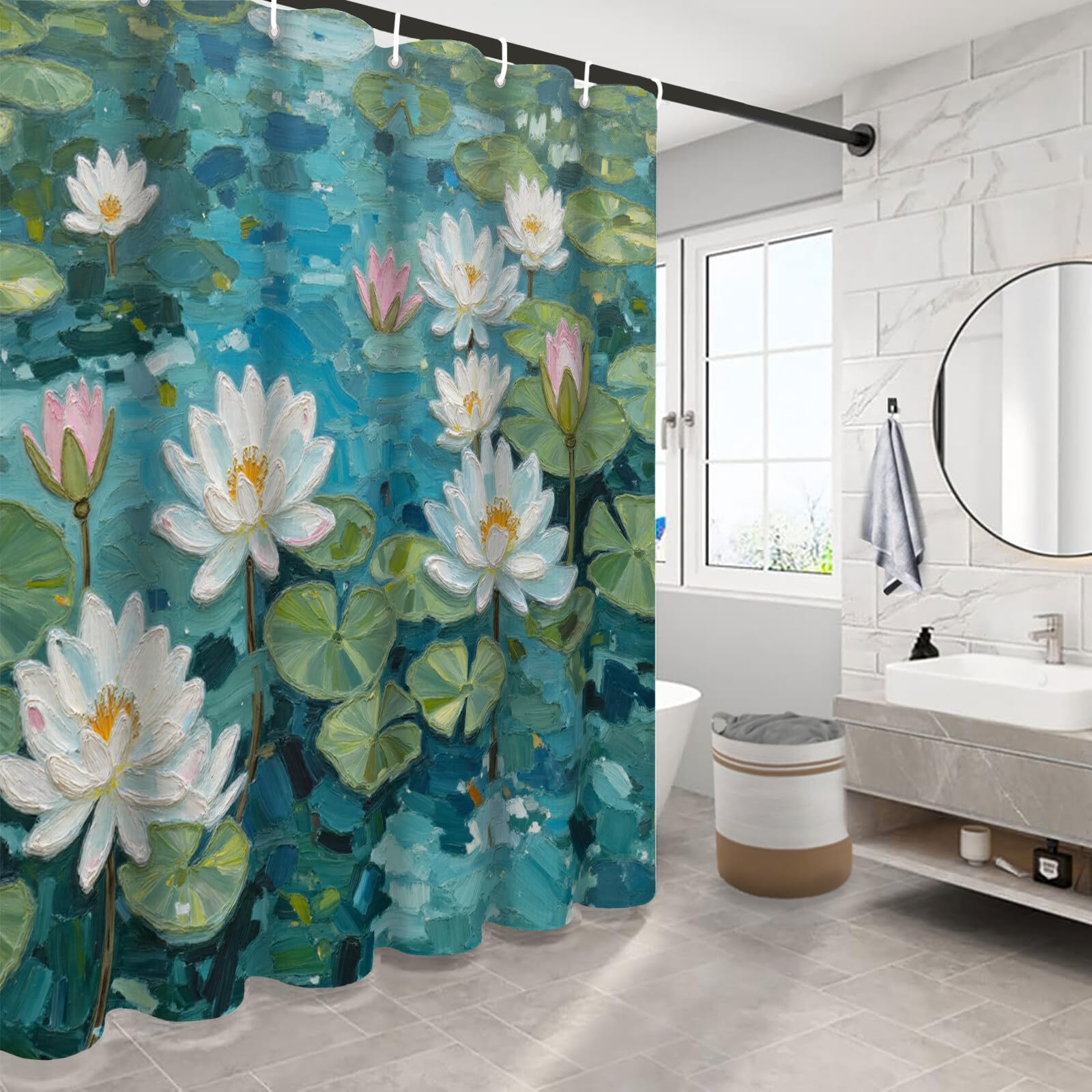 Rideau Douche,Rideau Baignoire Lavable en Machine Rideaux Douche Tissus Lavable Rideau De Baignoire Lavable pour Salle De Bain Domicile Baignoire Famille,Feuilles De Nénuphar,