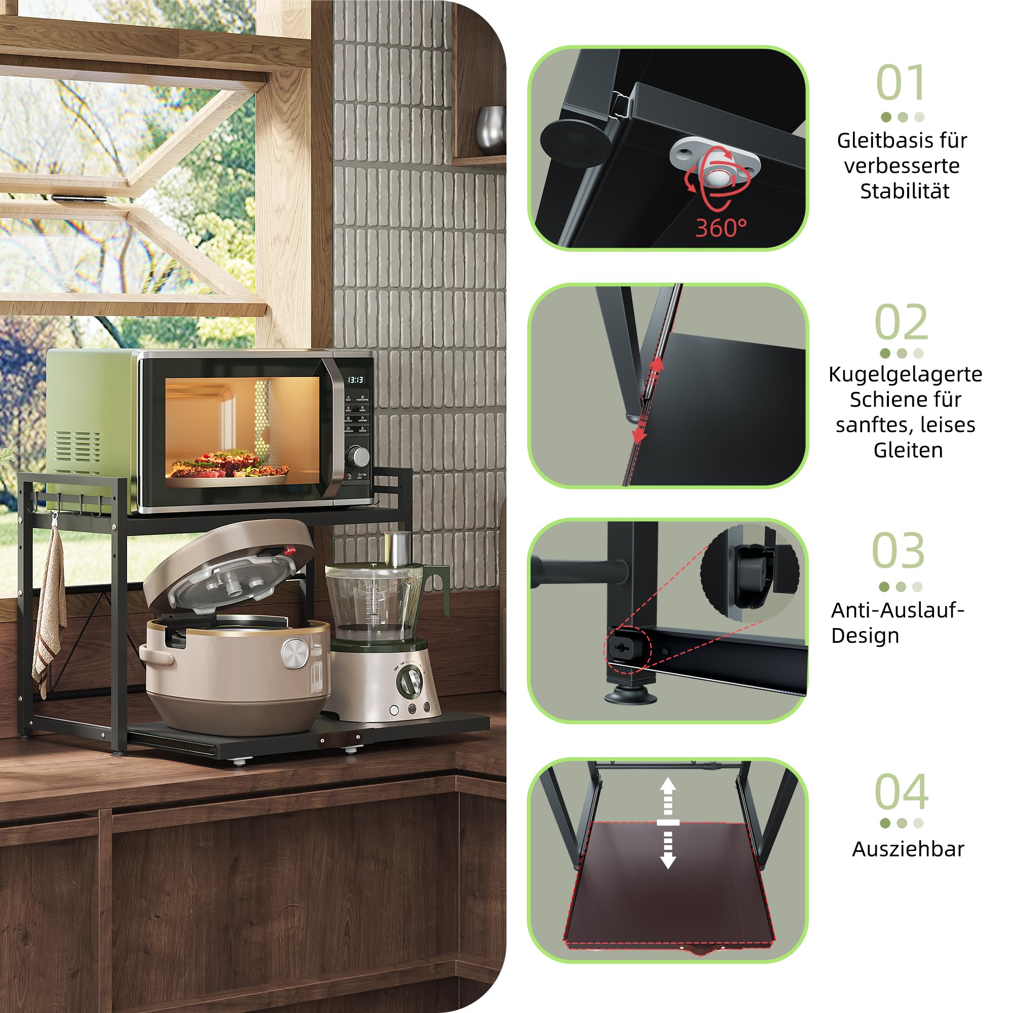 NETEL Erweiterbares Mikrowellen Regal mit schublade,2 stufig küchenregal | Regal küchen organizer für Backofen,kaffeemaschine&aufbewahrung,Robuster Kohlenstoffstahl,8 Haken,2 stufig,Schwarz