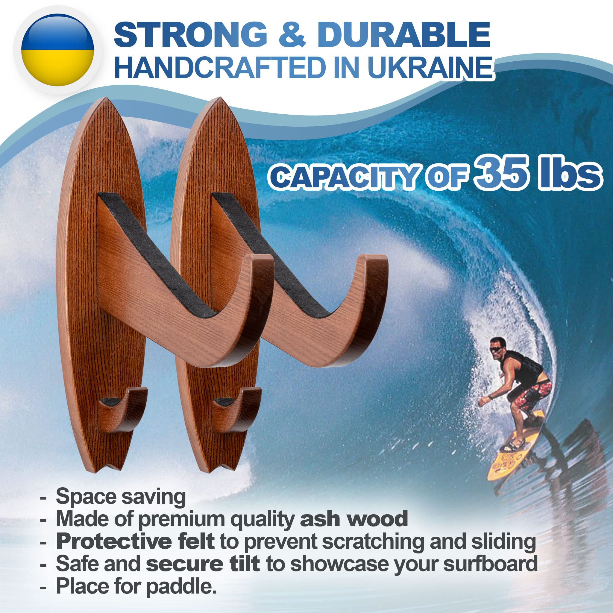 TESLYAR Soporte para tabla de surf madera de fresno acabado natural marrón grande