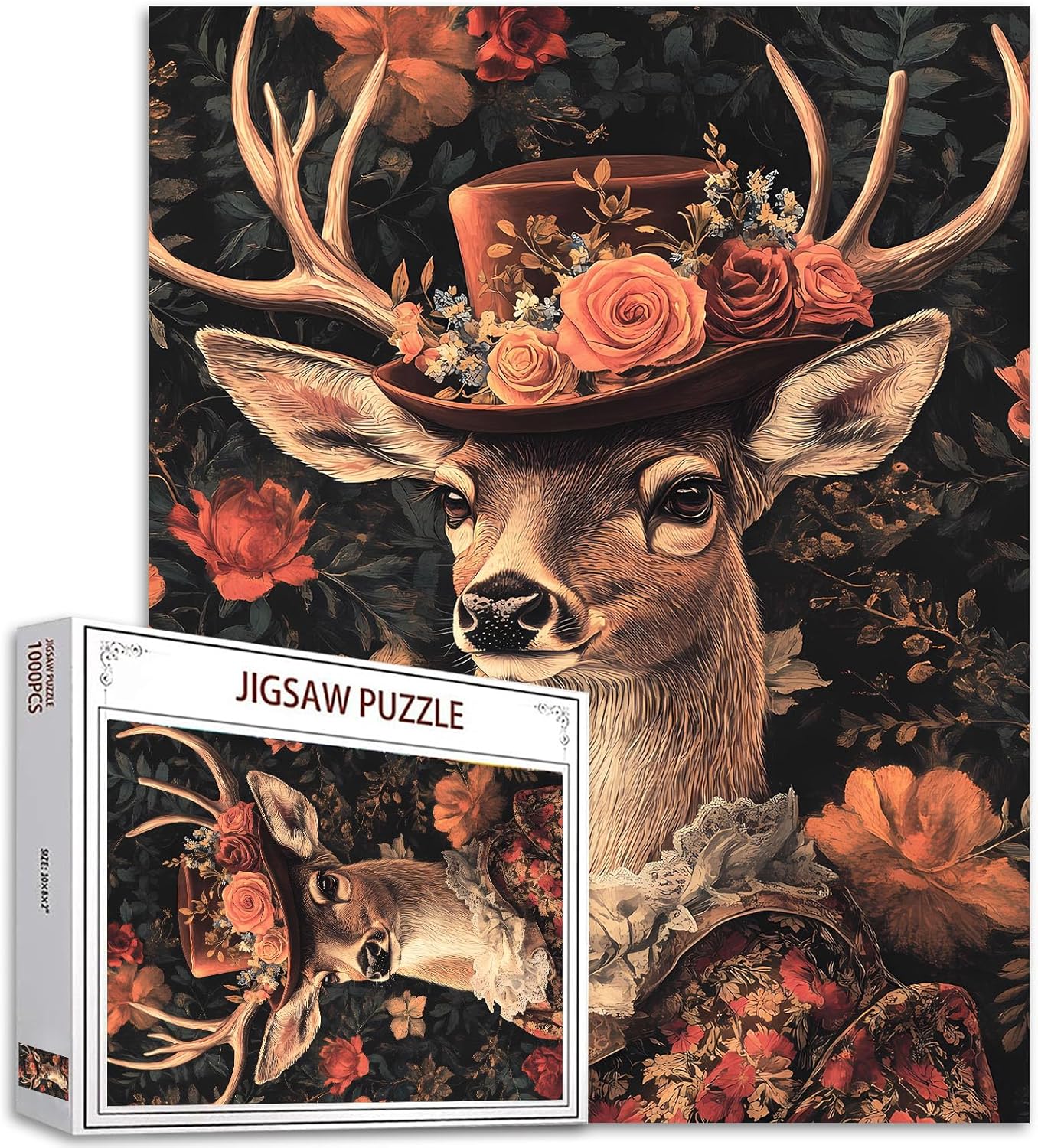 Deer Wearing Hat Jigsaw Puzzles for Adults 1000 Pieces Animal Flowers Pictures DIY Puzzles Art Craft Puzzle Wall Decor Family Puzzle Perfect for Game Nights Unique Gifts 20x27 Inches