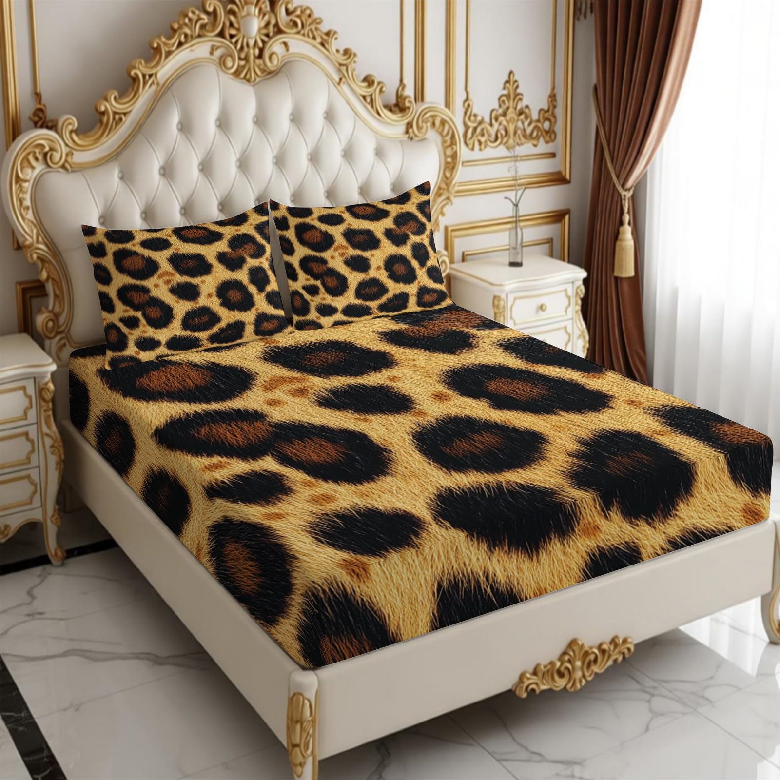 Lenzuolo con Angoli 180 x 200 cm Microfibra stampa leopardata Lenzuolo Sotto Elasticizzato Profondo 25 cm marrone per Singolo e Matrimoniale