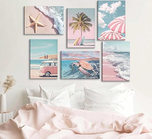 Miniatura 4 de 6 piezas de arte de pared de verano rosa fresco tropical océano estampado de sillas de playa estrellas de mar tabla de surf palmera decoración de