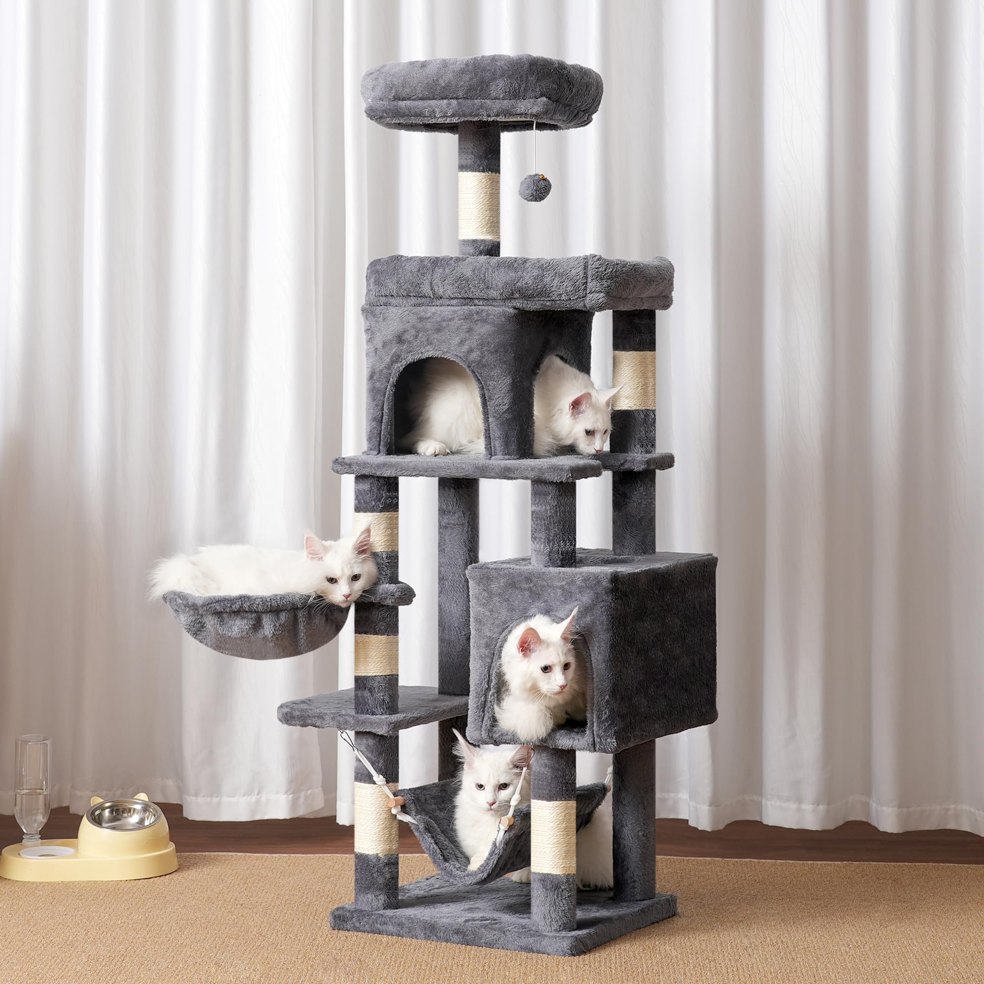 Heybly Cat Tree with Large Platform, Multi-Level Cat Tower with 2 Caves, Cat Condo with 6 Sisal Scratching Posts, Top Perch and Hammock for Indoor Cats Basket, Gray HCT016G