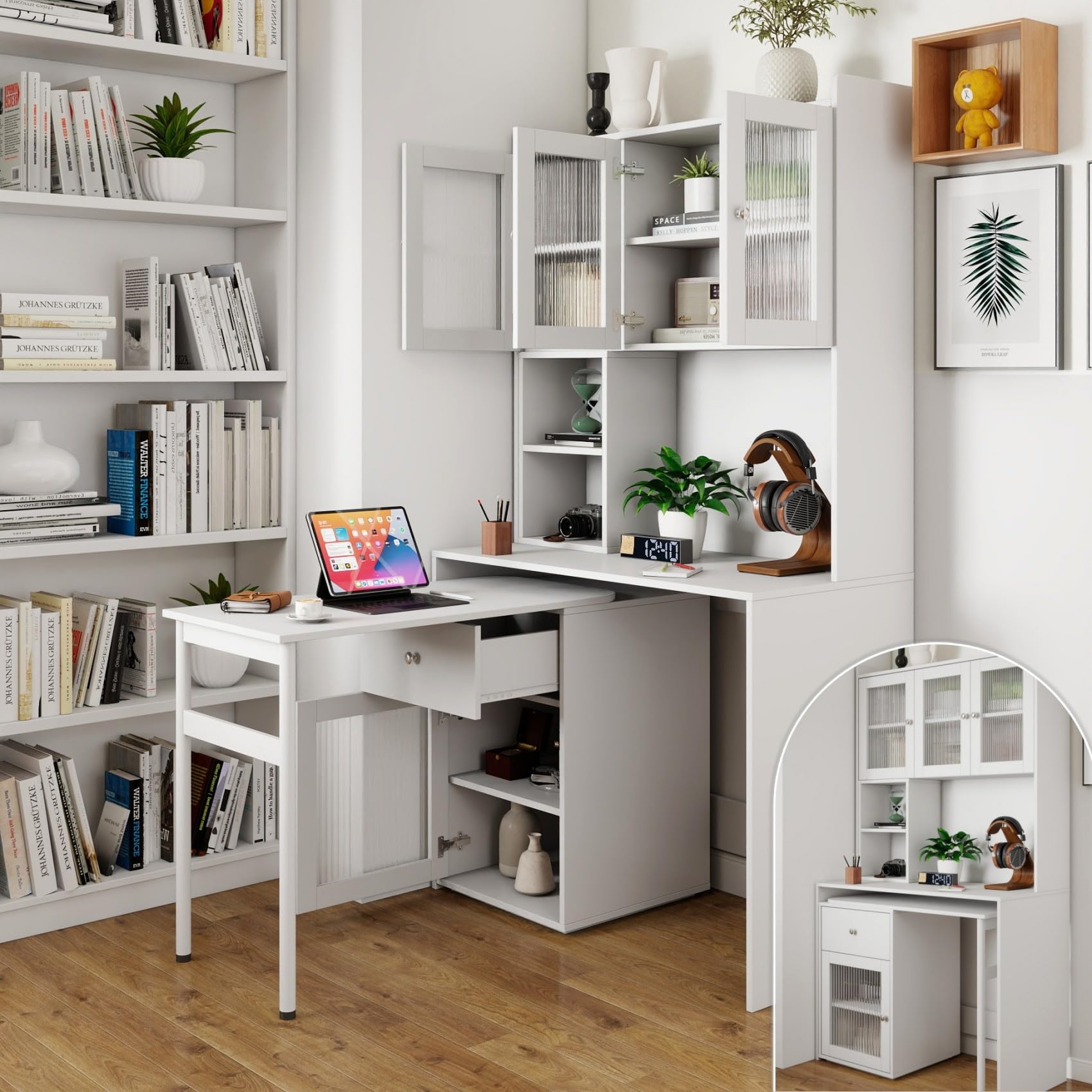 KEIKI L Shaped Home Office Desks with 90° Rotating Retractable Desktop, Glass Door, Hutch, Drawers, Bookshelf & Storage Shelves, Modern Gaming