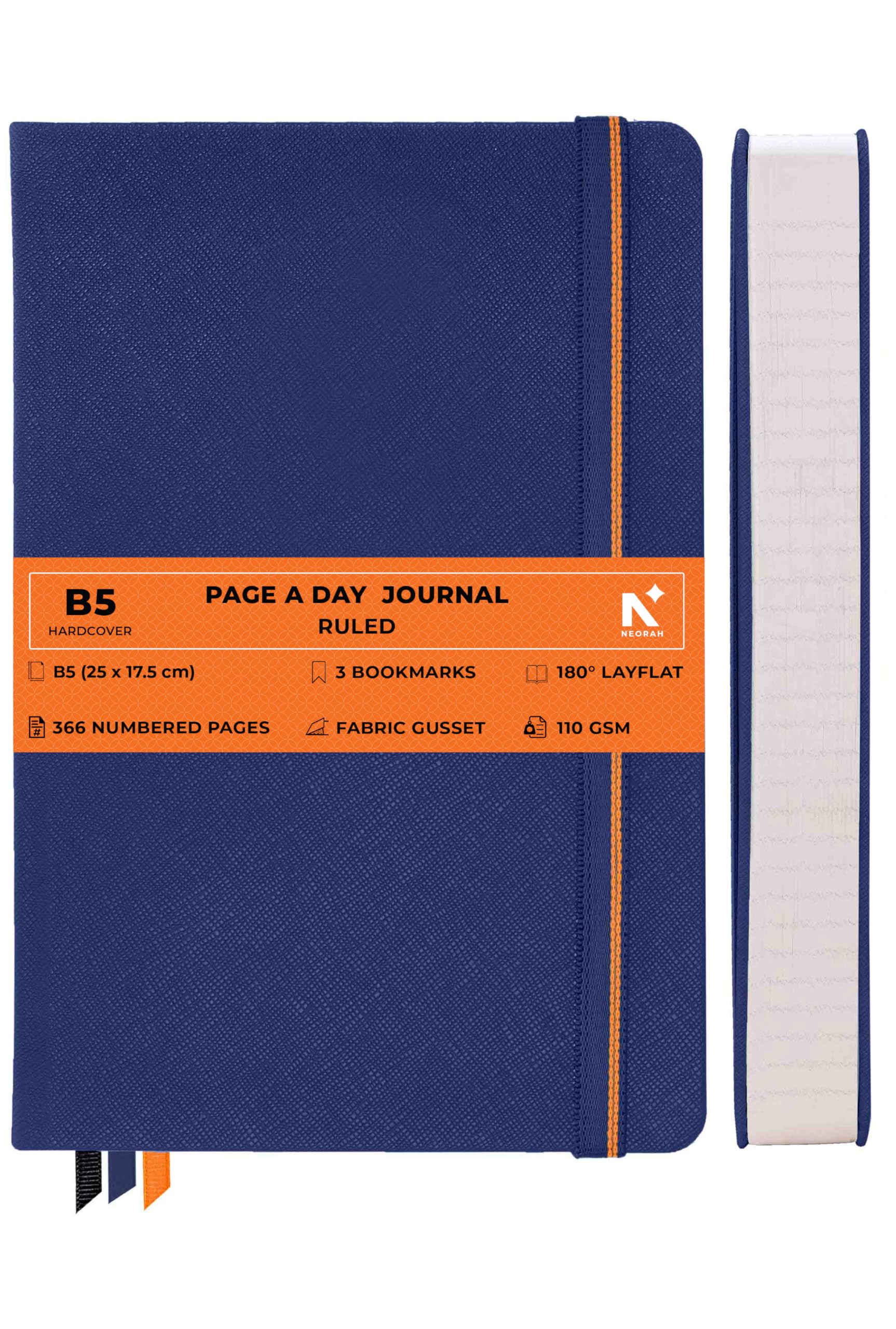 NEORAH —B5 RULED | 368 Pages - 110 Gsm | PAGE A DAY JOURNAL (25x17.5 cm)-Hardcover RULED Notebook |Back Pocket |3 Silk Book Mark - Completely HANDMADE for Journaling,writing- DARK BLUE