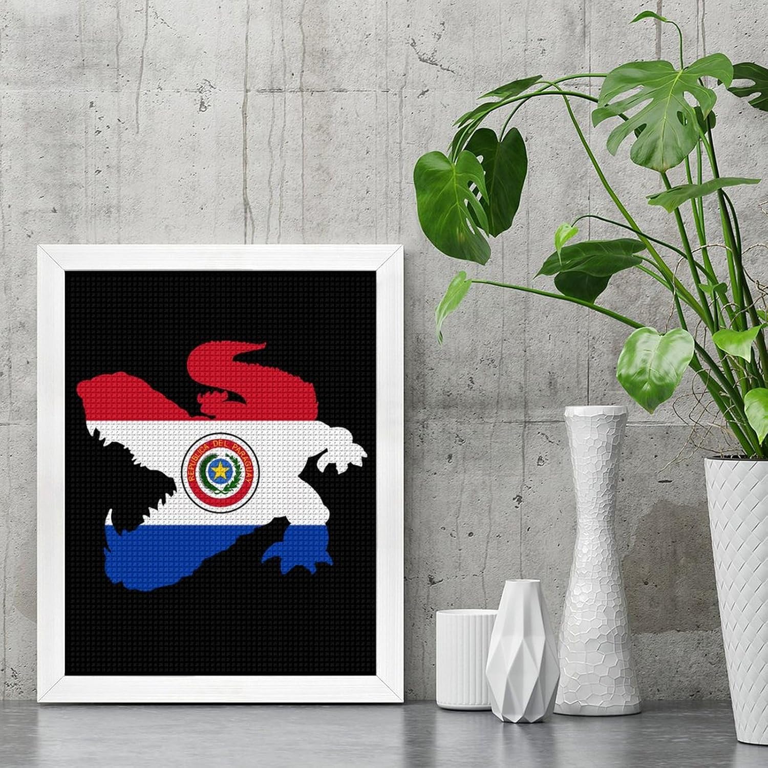 Paraguay Flag Crocodile Alligator Diamond 5D Painting Kits with Frame DIY Full Round Drill Gem Art Crafts for Home Wall Decor 16 X 20in White Wood 40 * 50cm