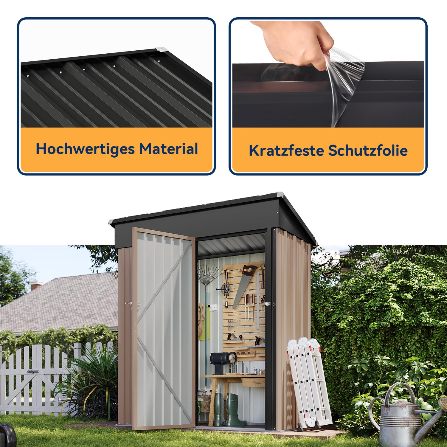 Aoxun Metall Gerätehaus mit Lüftungsschlitz, Outdoor-Schuppen, Werkzeugaufbewahrung, Fahrradschuppen, Gartenwerkzeug-Schuppen, für Terrasse, Rasen, 90 x 150 cm