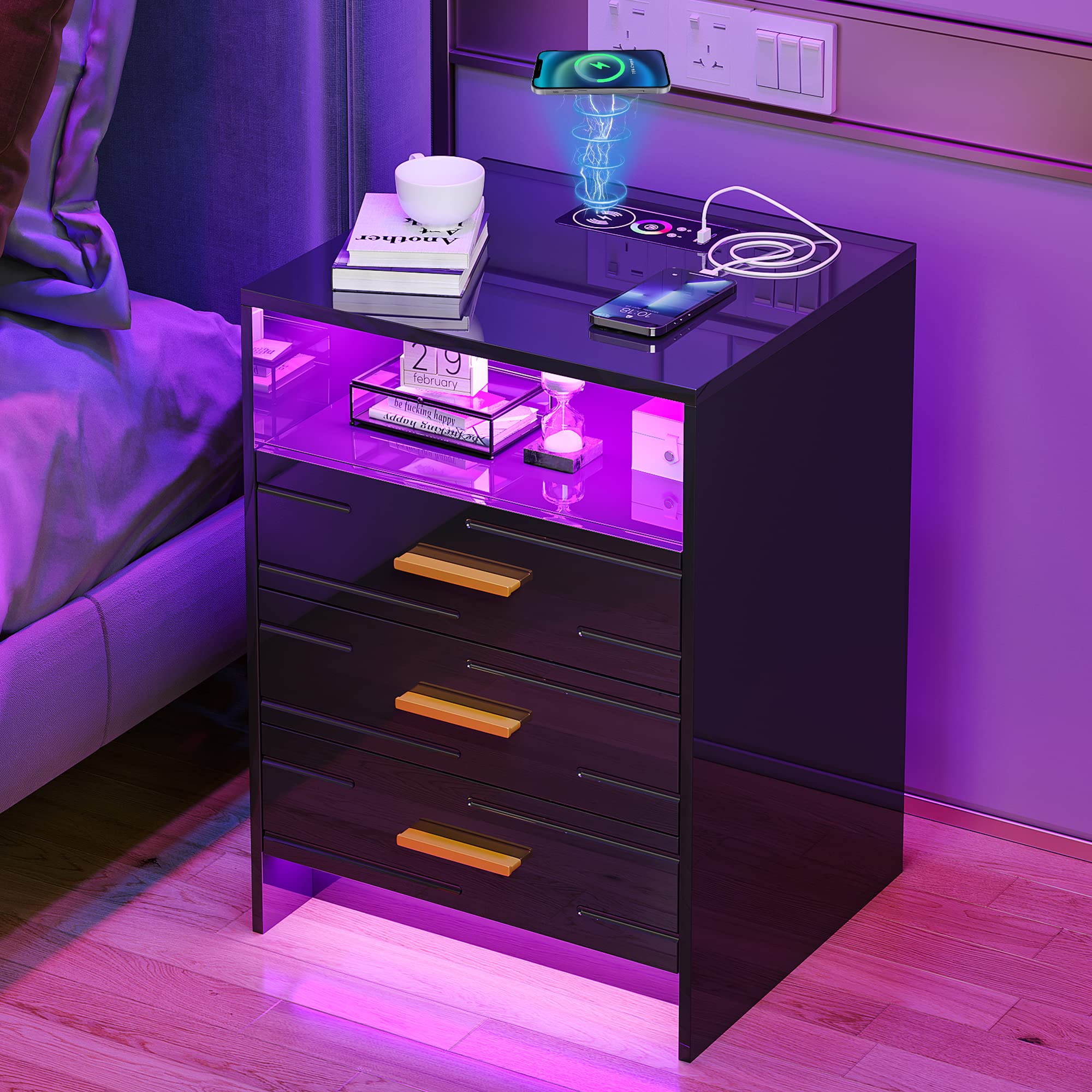 HNEBC LED Nightstand with Charging Station, High Gloss Black Night