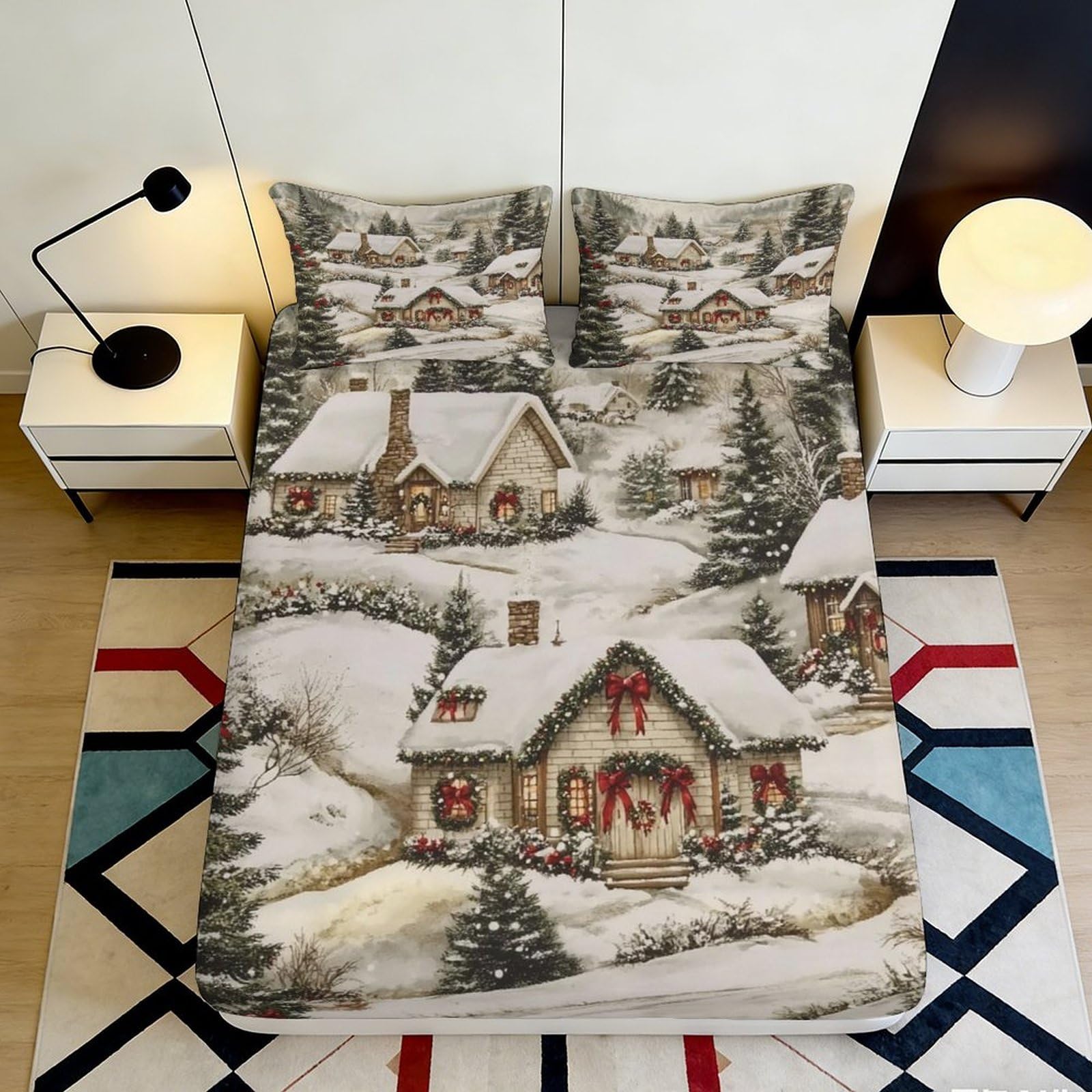 3D Printed Winter Snow Village Fitted Sheet Microfiber Soft Mattress Cover for Bedroom Guest Room Christmas Decor 200x200x25cm