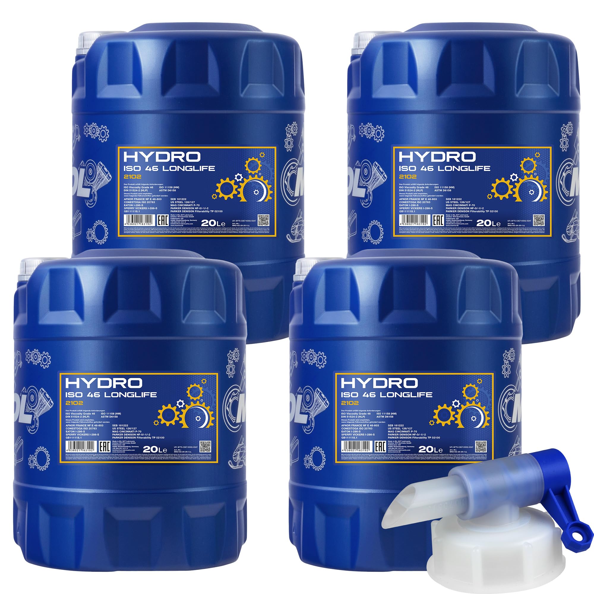 80L MANNOL HYDRO ISO 46 Hydraulik Öl Flüssigkeit MN2102-20 inkl. Auslaufhahn