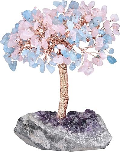 rockcloud Árbol de dinero de piedra de cuarzo rosa natural y aguamarina con base de racimo de cristal de cuarzo amatista, árbol bonsái, Feng Shui,