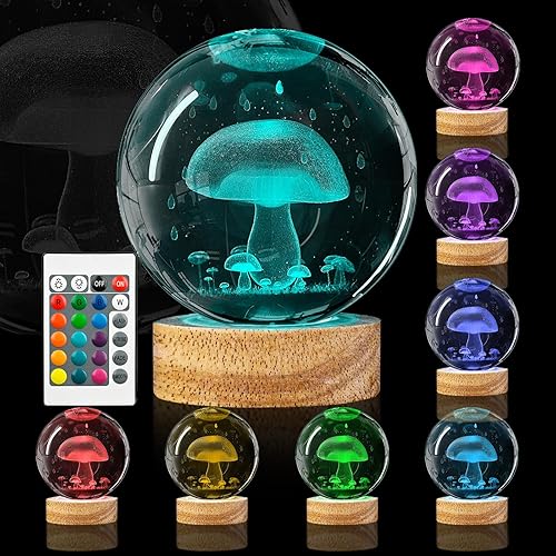 Lámpara de bola de cristal de hongo 3D de 3.15 pulgadas con base de madera que cambia de color y control remoto, ideal para niños, amigos,