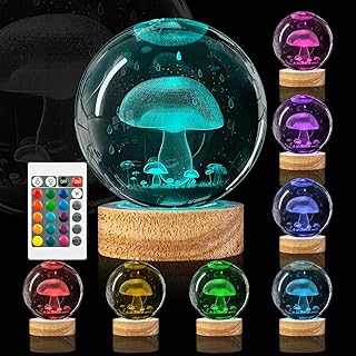 3D Mushroom Crystal Ball Night Light 3.15 inch Glass Ball Lamp with 16 Color Changing Wooden Base and Remote Cute Mushroom Room Table Decor Ideal Gifts for Kids Friends Birthday Christmas