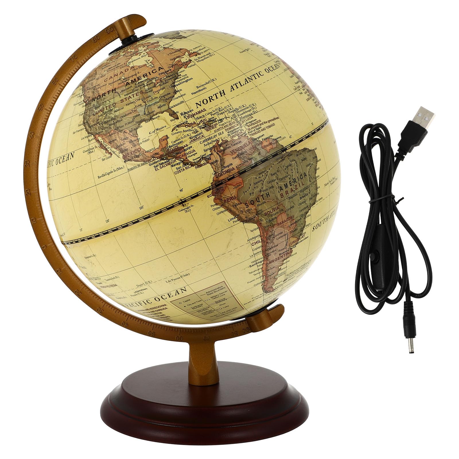 Artibetter Globo Terráqueo Vintage de 20 Cm con Luz LED Usb, Globo Geográfico Retro para Decoración de Escritorio y Material Didáctico de Inglés, Adorno Educativo para Oficina y Hogar