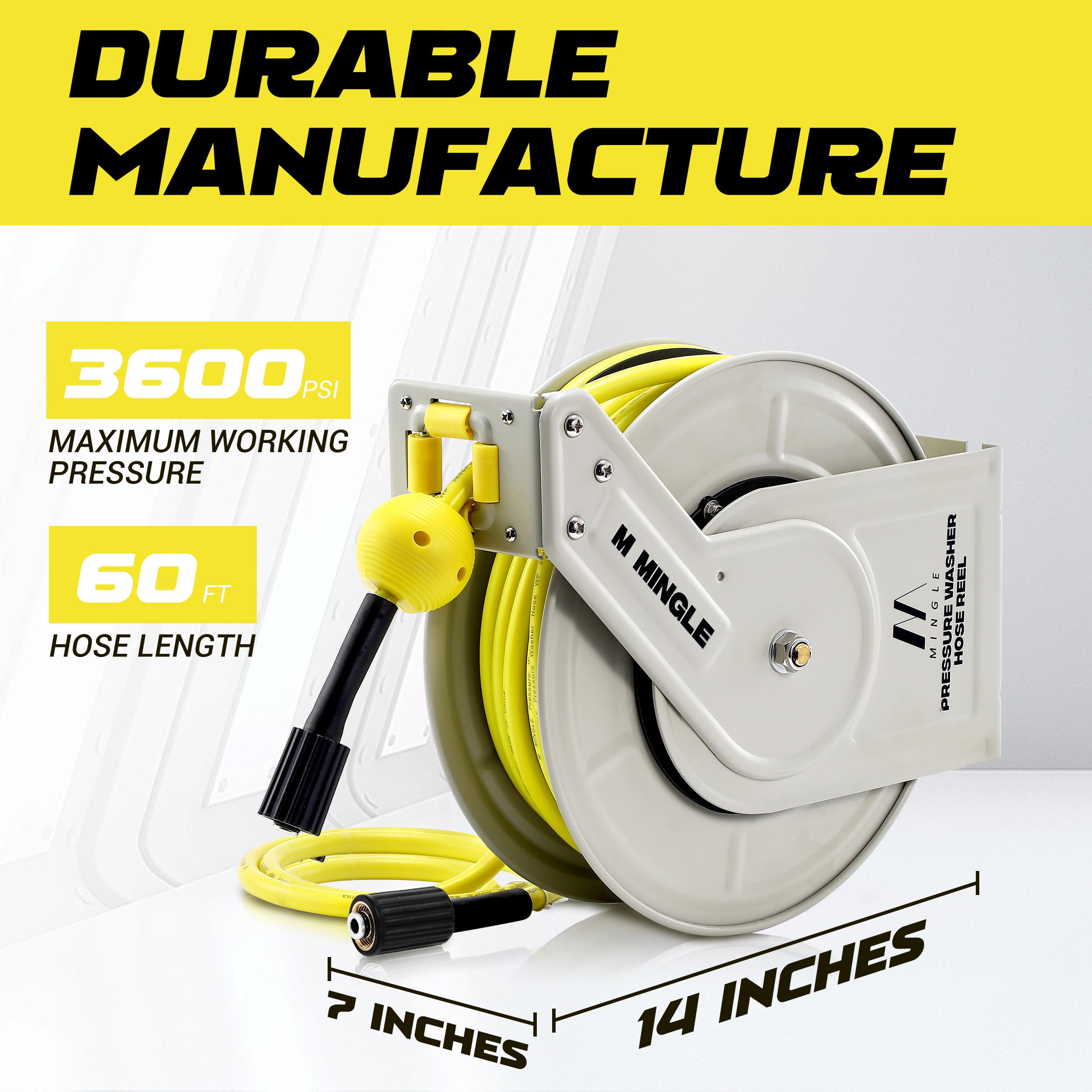 M MINGLE Bobina Retrattile per Tubo di Idropulitrice, Compatibile con Serie Karcher K, K2, K3, K4, K5, K6, K7, 1/4" × 18,29 m Montata a Parete, Idropulitrice 3600 PSI