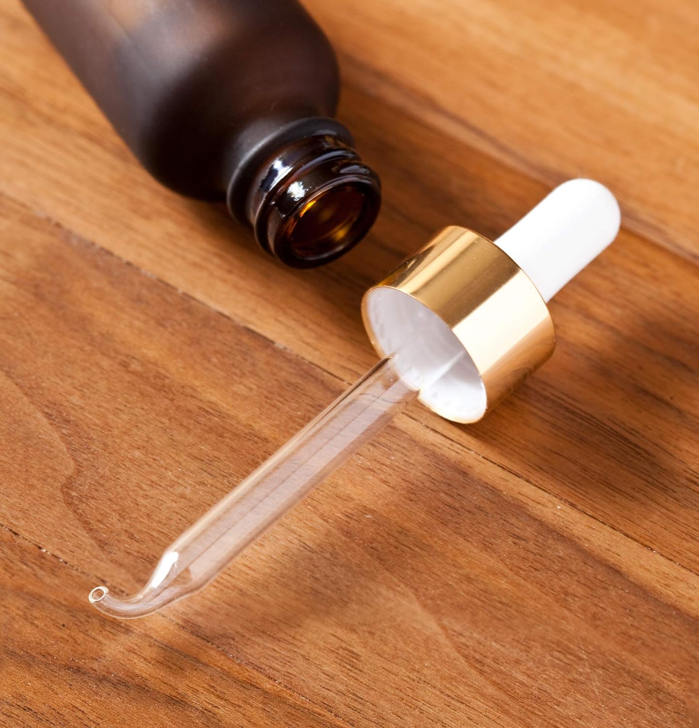 JUVITUS 1 oz / 30 ml Frosted Amber Glass Boston Round Bottle with Gold Metal and Glass Dropper (12 pack) + Funnel