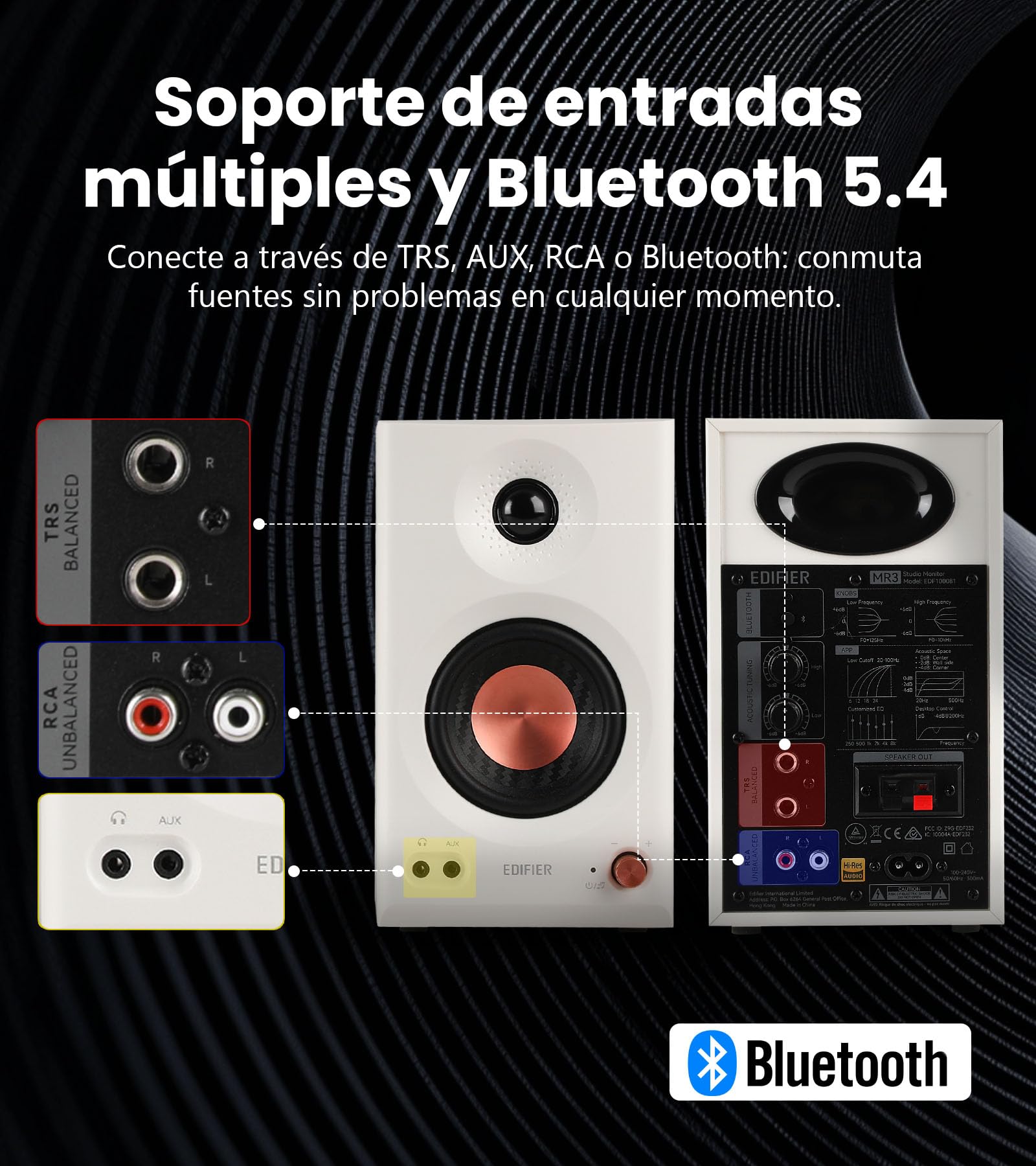 Edifier MR3 - Altavoces de Estudio compactos 2.0, Hi-Res Audio, Bluetooth V5.4, Controles físicos, RCA, AUX, Aplicación móvil, 2x18W, Blanco