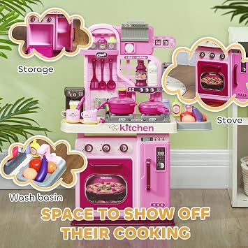 AIYAPLAY Kids Kitchen, 33-Pc Play Accessories, Lights, Ages 3-6, Pink