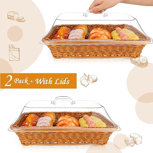 Miniatura 3 de Mumufy Paquete de 2 cestas de pan grandes de mimbre para servir con tapa acrílica, rectangular, cesta de frutas de ratán de imitación con cubierta,