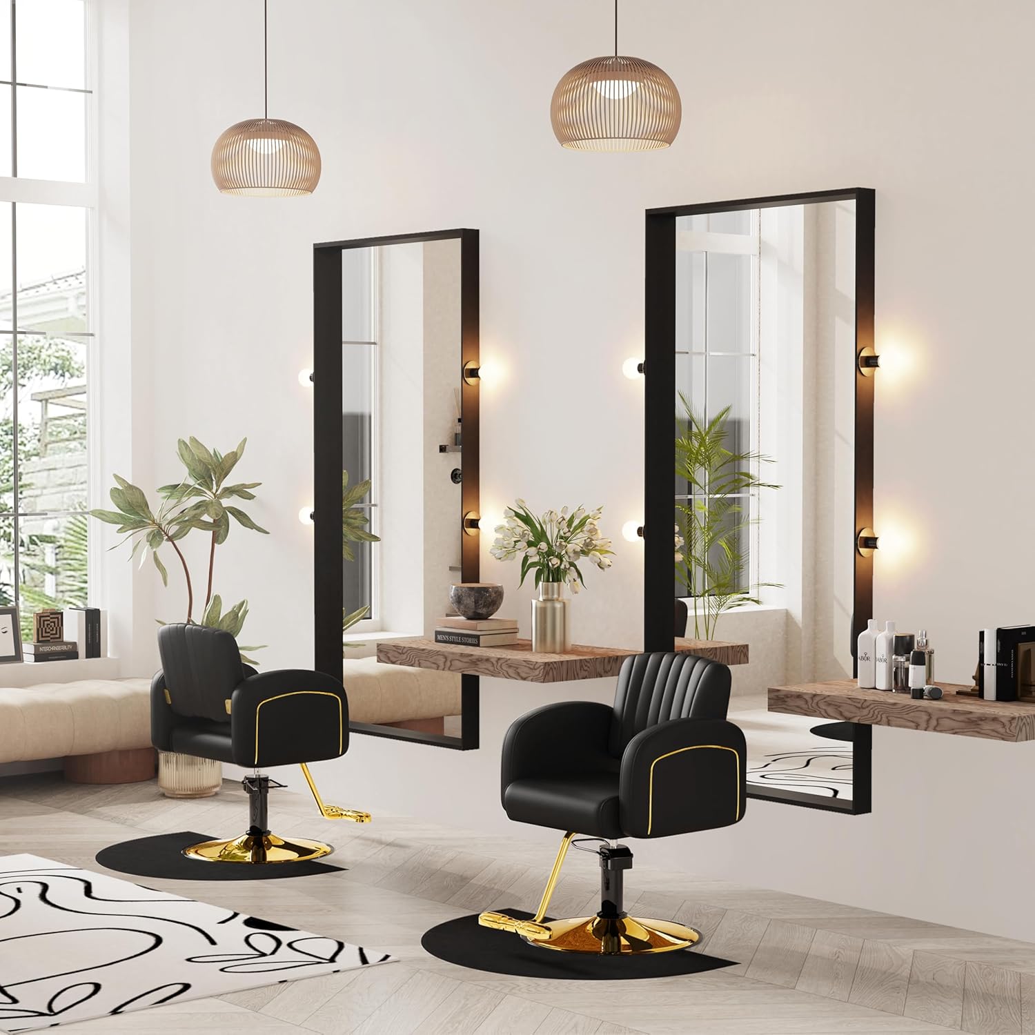 Baasha Professional Black & Gold Salon Chair, Luxury Hydraulic Styling Chair with Soft PU Leather, High-Density Foam Cushion, 360° Swivel, Stainless Steel Frame, Ergonomic Design, 330 lbs Capacity