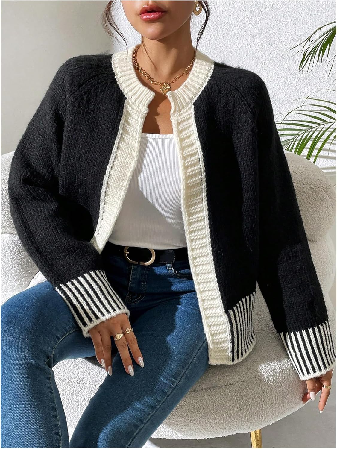 Women's Striped Cardigans Crew Neck Long Sleeve Sweaters Elegant Fall Clothes - Image 3