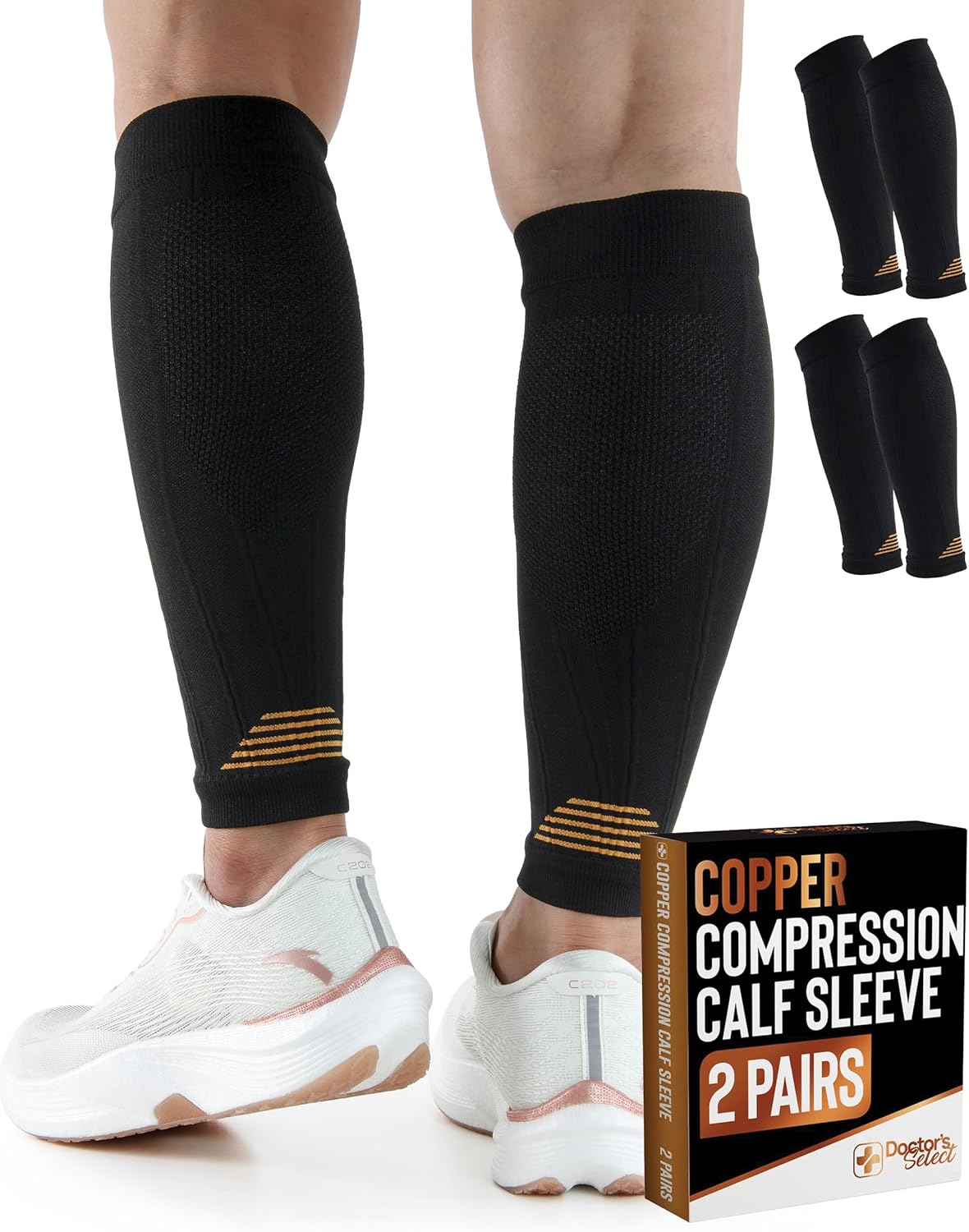 Doctor's Select 2 Pairs Copper Calf Compression Sleeve - Leg Compression Sleeves for Women & Men, Shin Splint Relief Black - 2 Pairs XX-Large