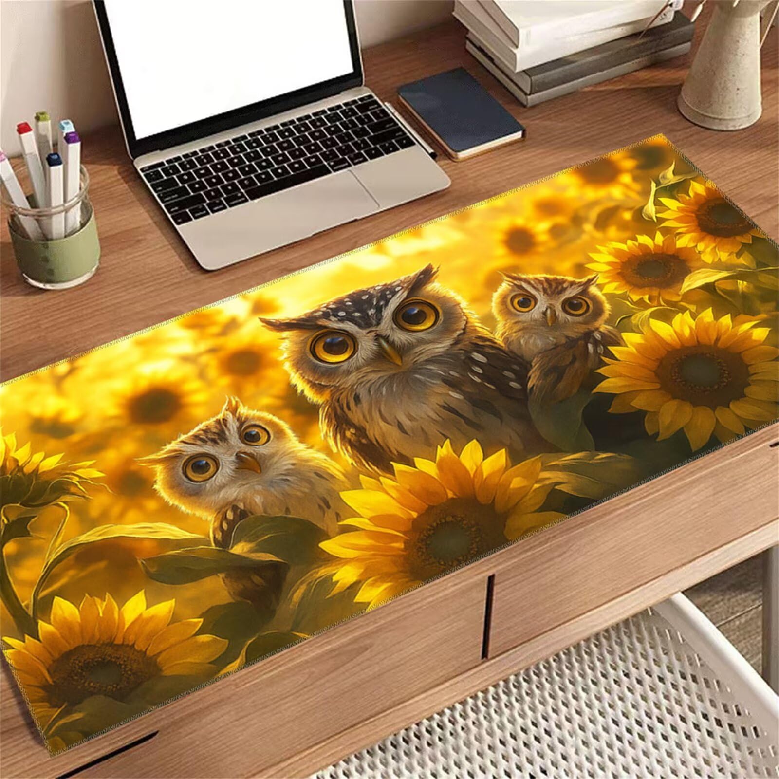 Tappetino per Mouse Gaming XXL 1200x600x2 mm, Mousepad Extra Large da Scrivania con Bordi Cuciti, Tappetino per Tastiera Antiscivolo, Superficie Ottimizzata per Sensori Ottici, Gufo Girasoli