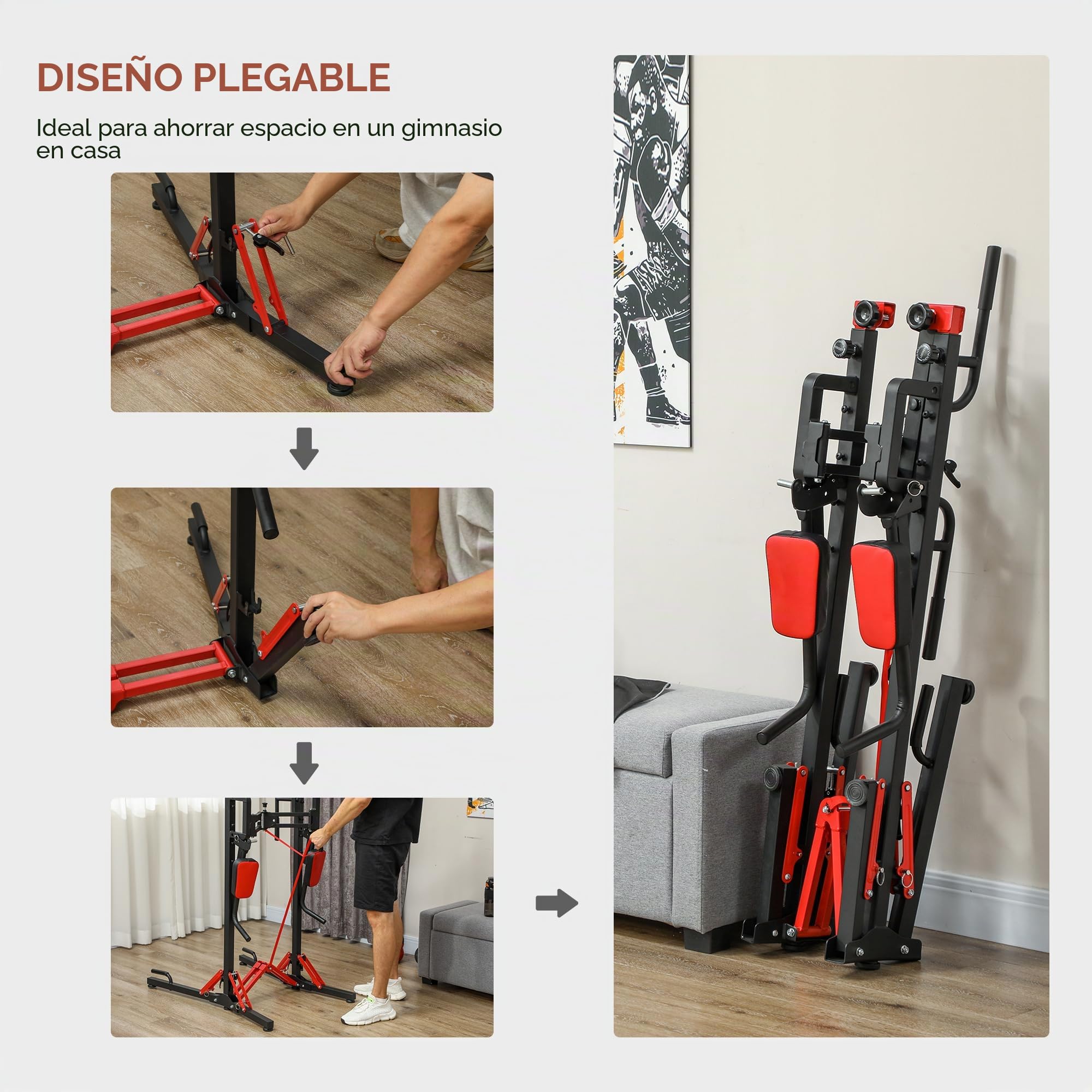 SPORTNOW Barra de dominadas, silla romana, gimnasio en casa, plegable, altura regulable 127 - 223 cm, acero, negro y rojo