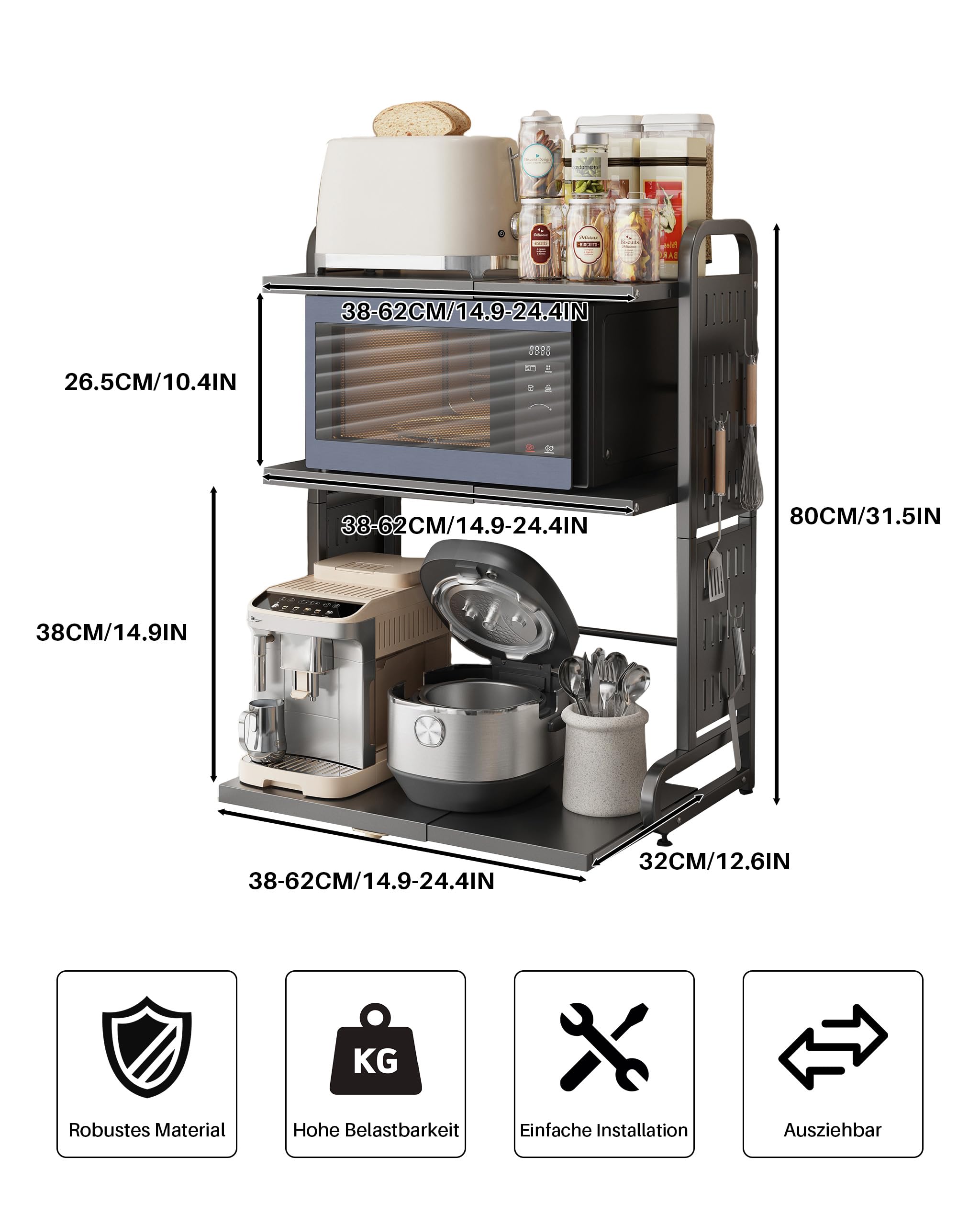 Ausziehbares Mikrowellenregal mit Schublade, 3-stöckiges Mikrowellenregal mit 6 Metallhaken, Airfryer-Gestell, Backgestell, Küchen-Arbeitsplatten-Aufbewahrungsgestell Schwarz