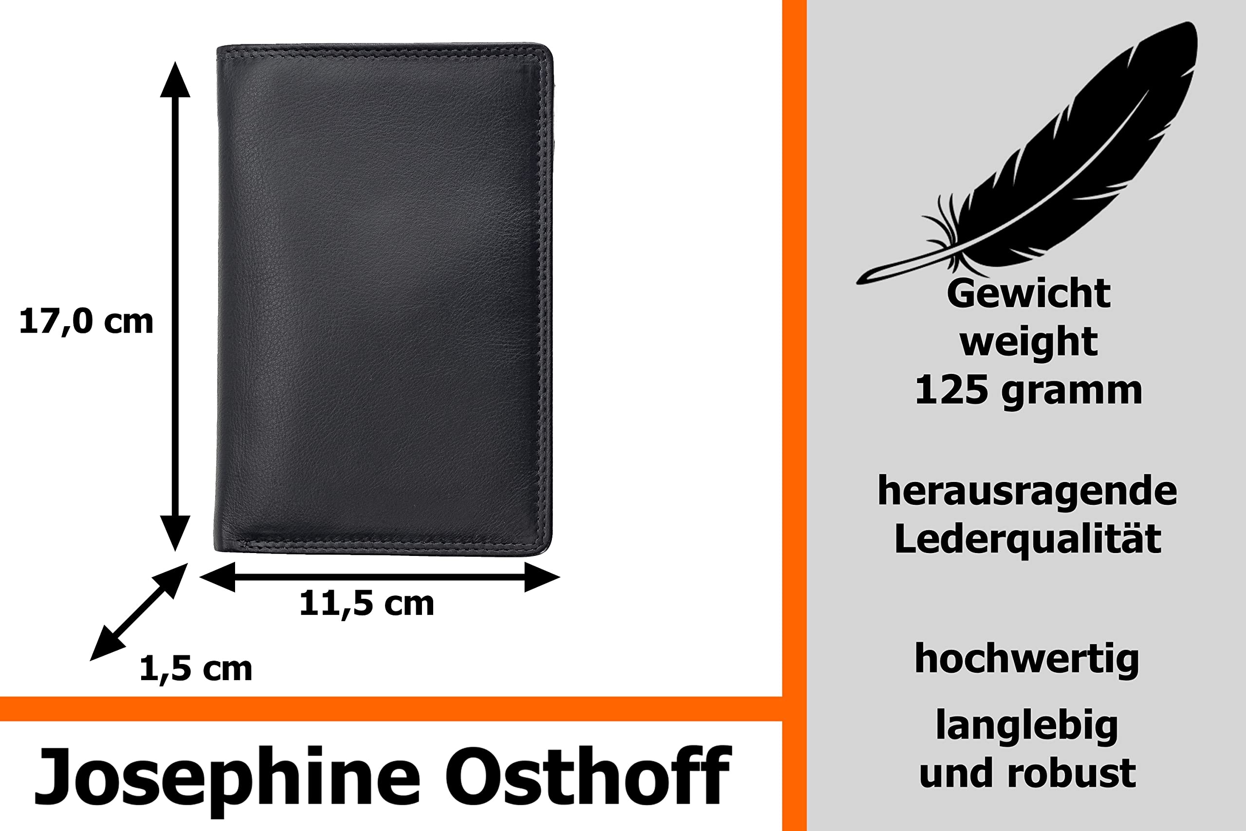 Josephine Osthoff Smukły Skórzany Portfel – Etui na Karty z Blokadą RFID ze Skóry Naturalnej Premium, Przegroda na Paszport i Dokumenty, dla Kobiet i Mężczyzn, Uniseks, Czarny