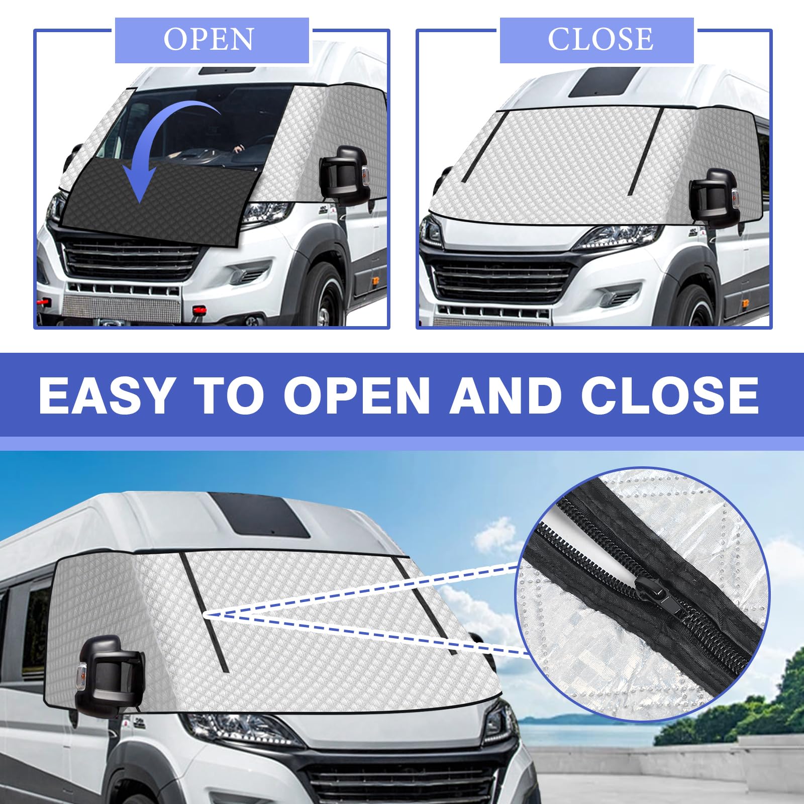 Funda para parabrisas de autocaravana con doble cremallera para Fiat Ducato, Peugeot Boxer, Citroen Relay X250/290, cubierta magnética de aluminio impermeable con aislamiento térmico, resistente