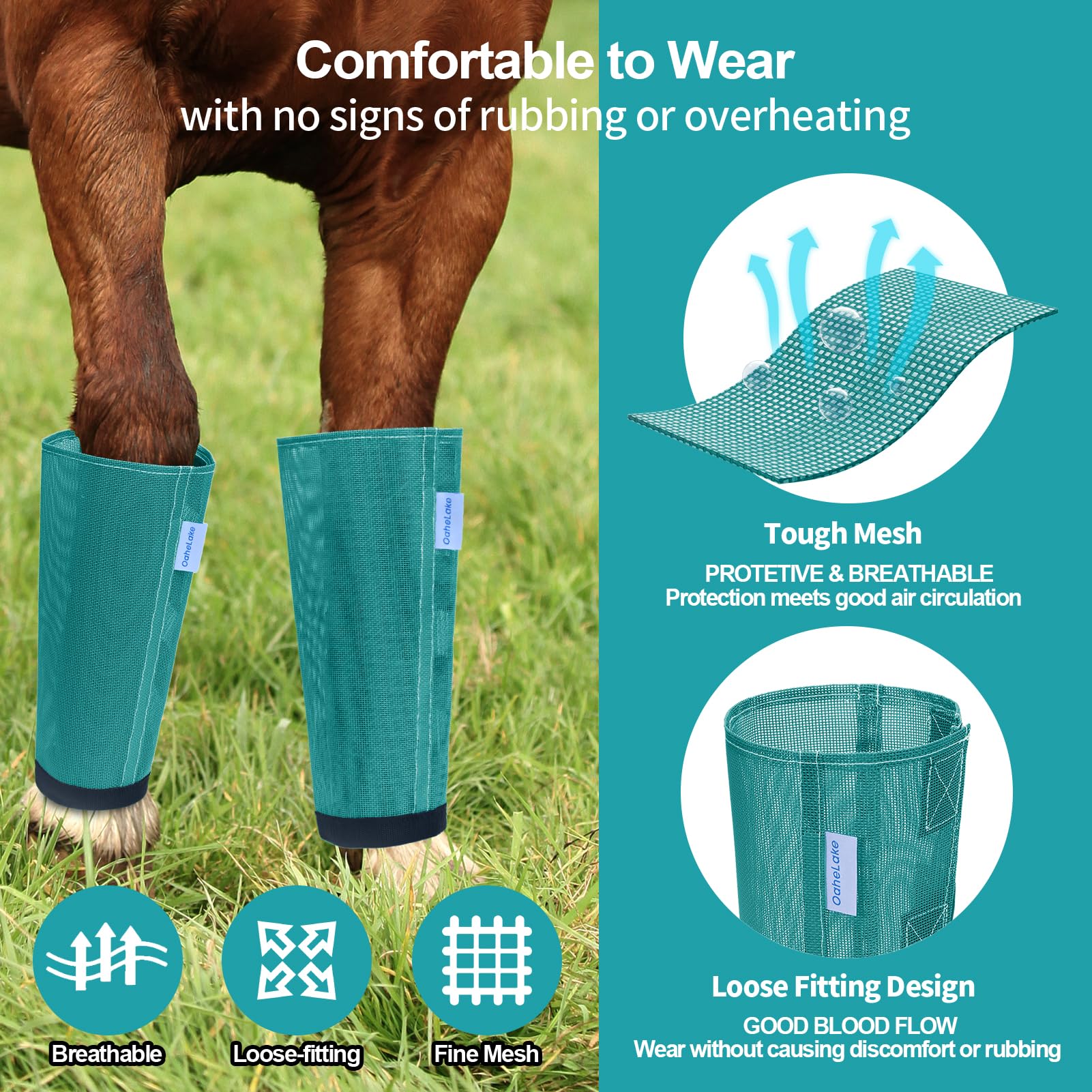 Juego de 4 botas de malla para caballo, leggings holgados para caballos, reducen el pisoteo estresante, transpirables, ajustables y ajuste universal para 4 patas, se mantienen en su lugar (turquesa)